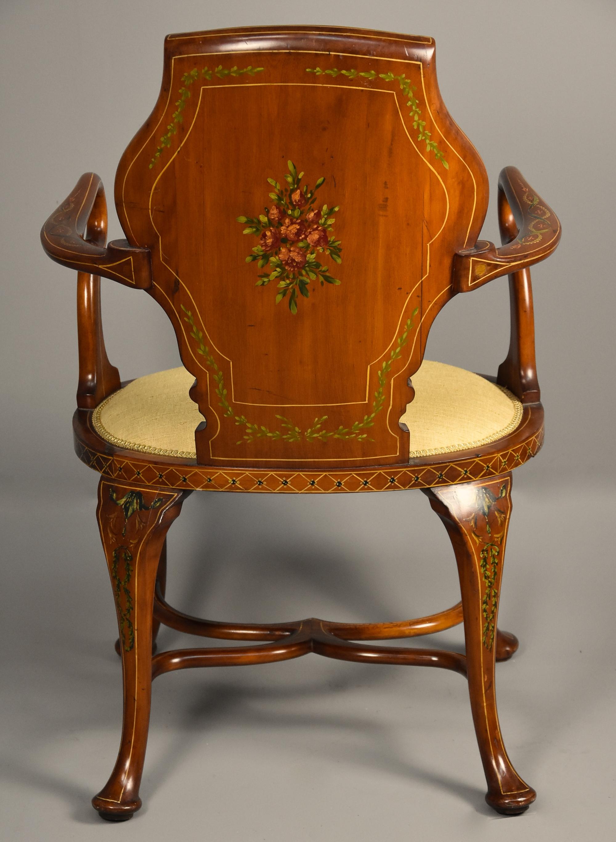 Highly Decorative Edwardian Satinwood and Painted Armchair in the Georgian Style For Sale 6