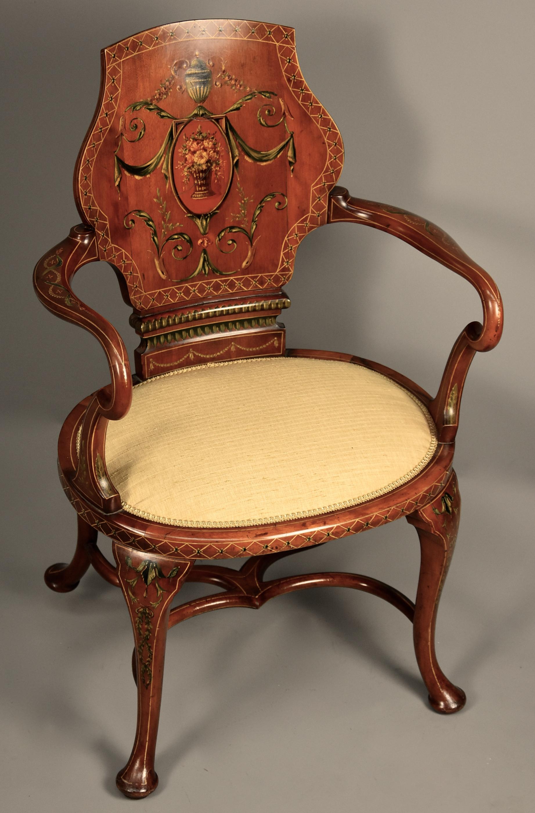 English Highly Decorative Edwardian Satinwood and Painted Armchair in the Georgian Style For Sale