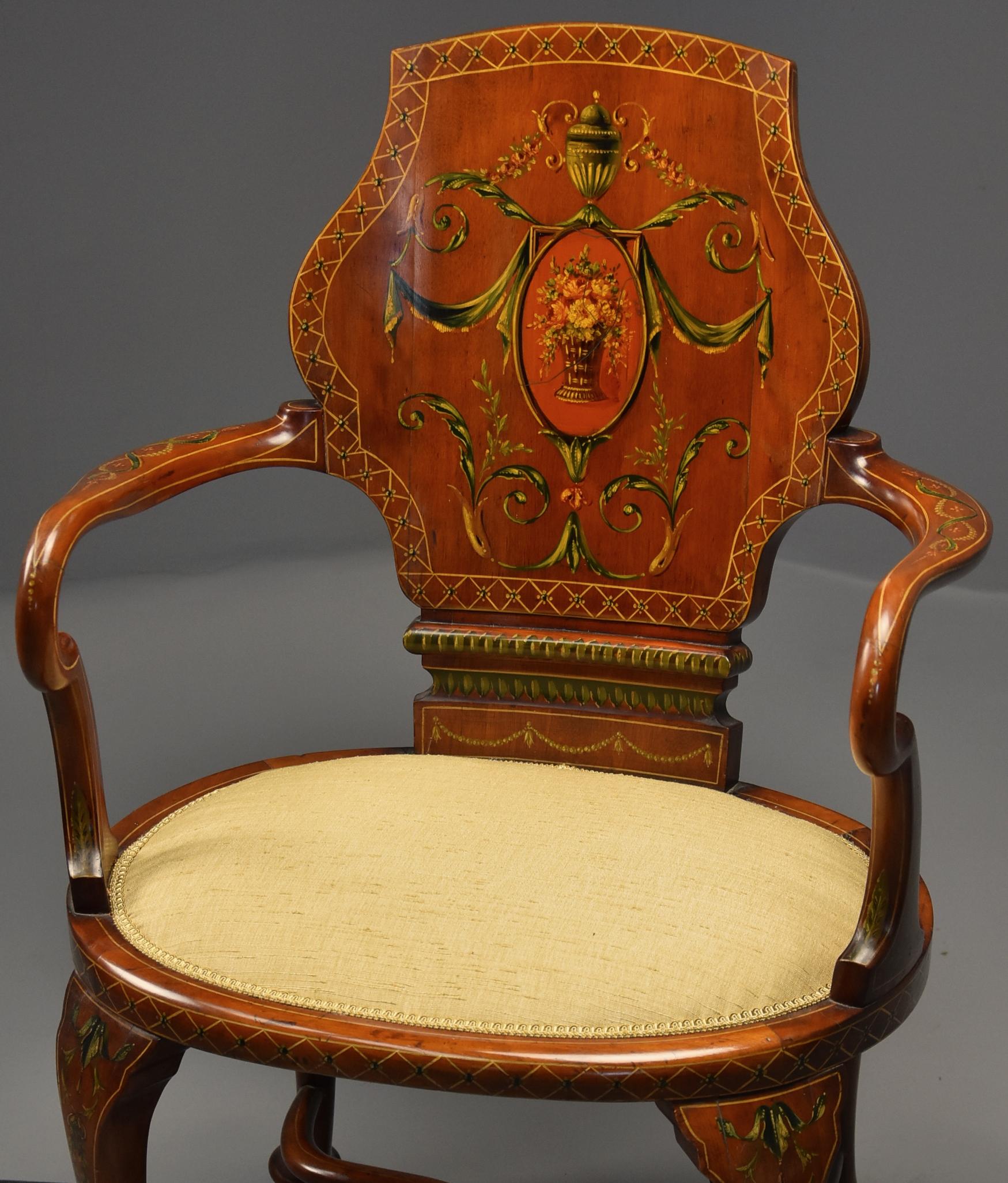 Highly Decorative Edwardian Satinwood and Painted Armchair in the Georgian Style In Good Condition For Sale In Suffolk, GB
