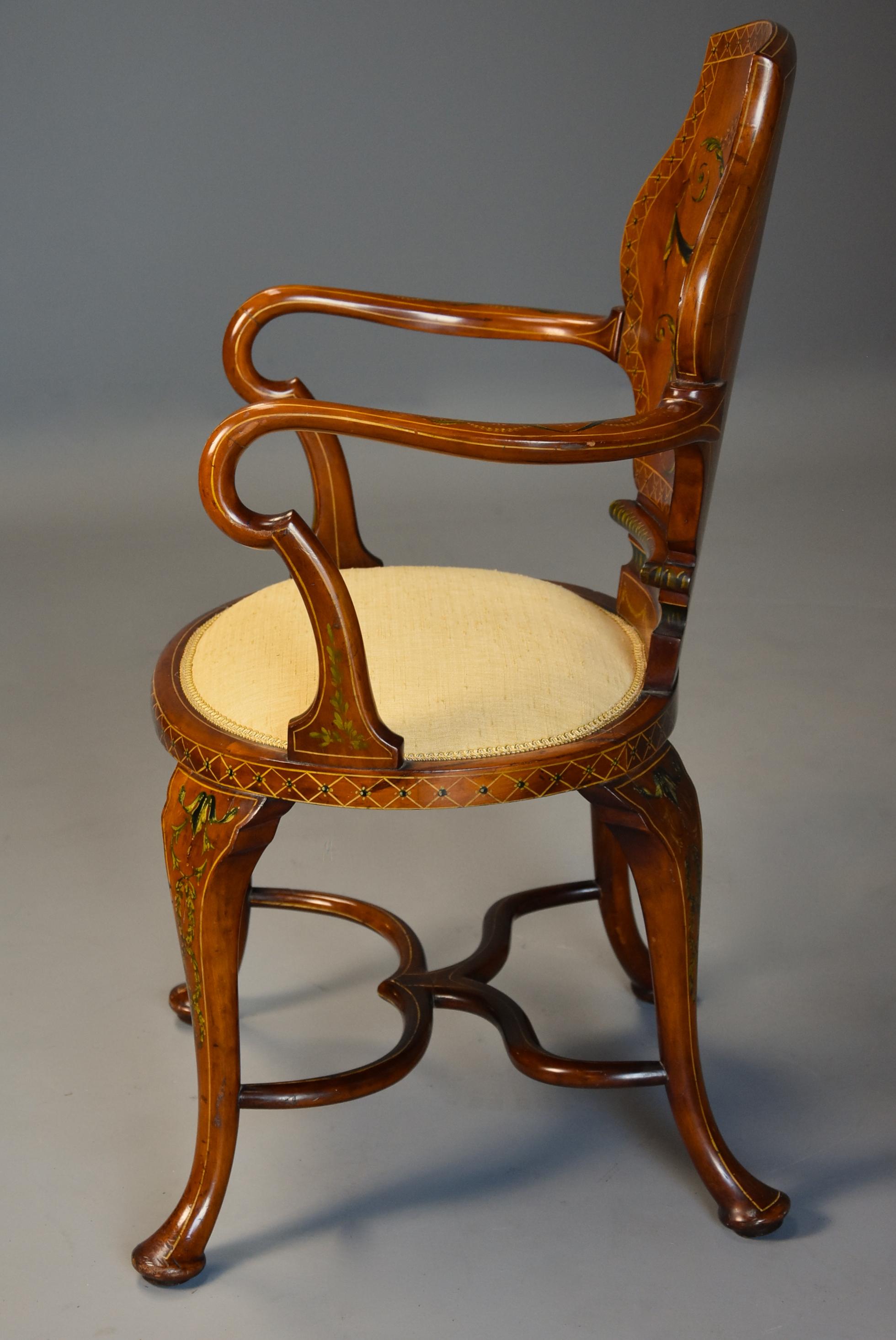 Highly Decorative Edwardian Satinwood and Painted Armchair in the Georgian Style For Sale 1