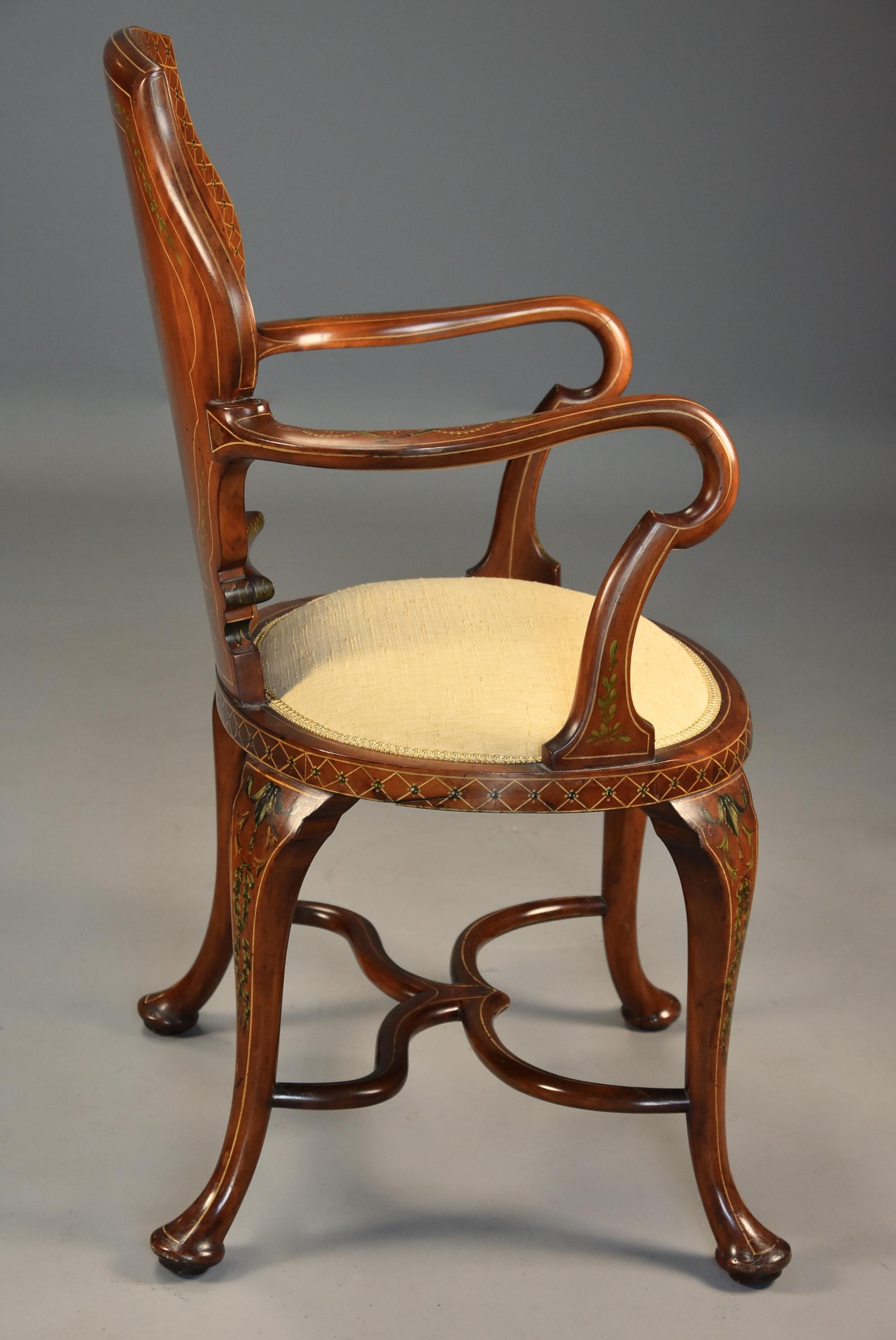 Highly Decorative Edwardian Satinwood and Painted Armchair in the Georgian Style im Angebot 3