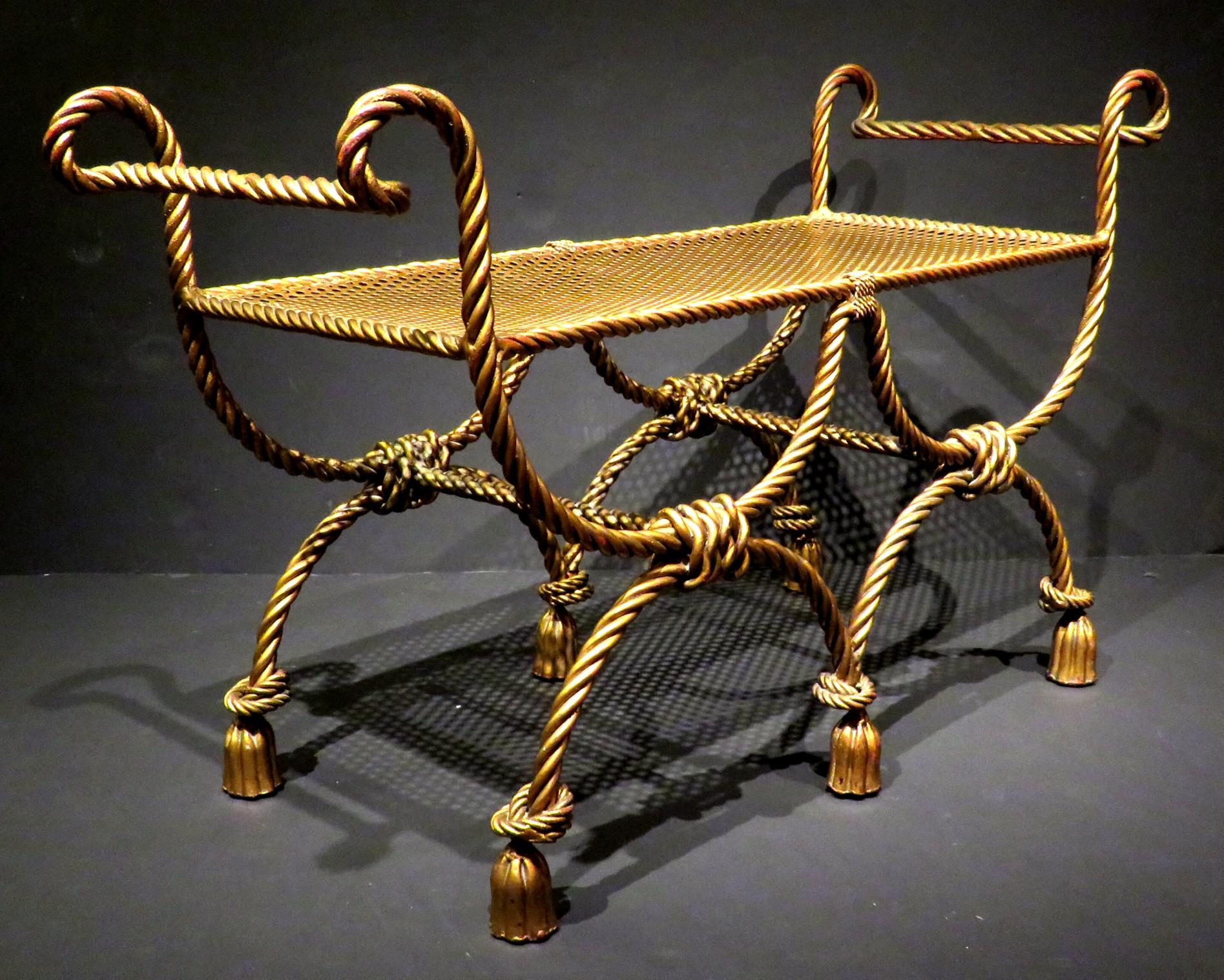 Italian Highly Decorative Hollywood Regency Gilded Rope & Tassel Bench, Italy circa 1950 For Sale