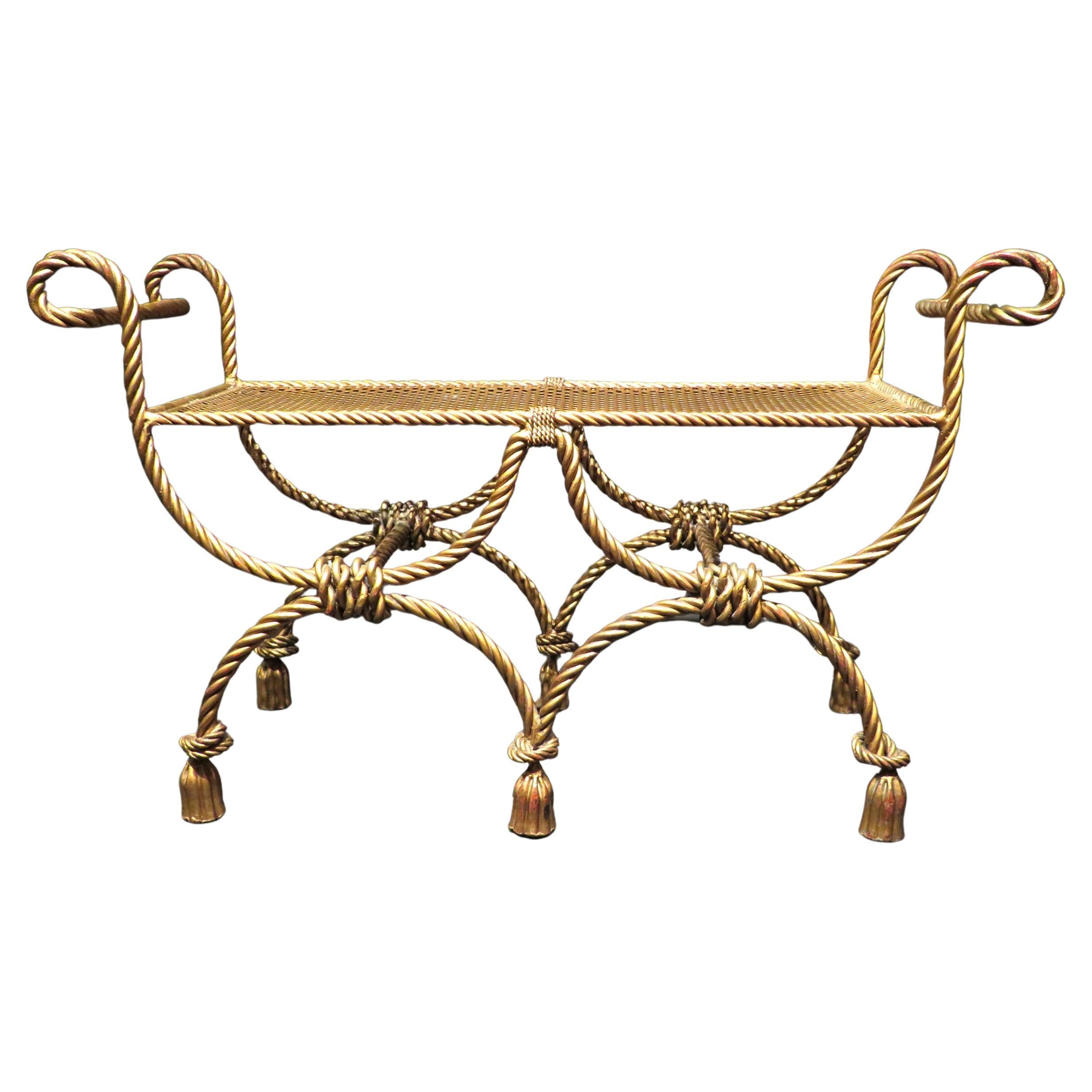 Highly Decorative Hollywood Regency Gilded Rope & Tassel Bench, Italy circa 1950 For Sale