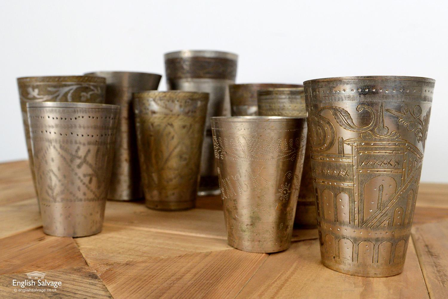 European Highly Decorative Indian Brass Lassi Cups, 20th Century For Sale