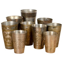 Highly Decorative Indian Brass Lassi Cups, 20th Century