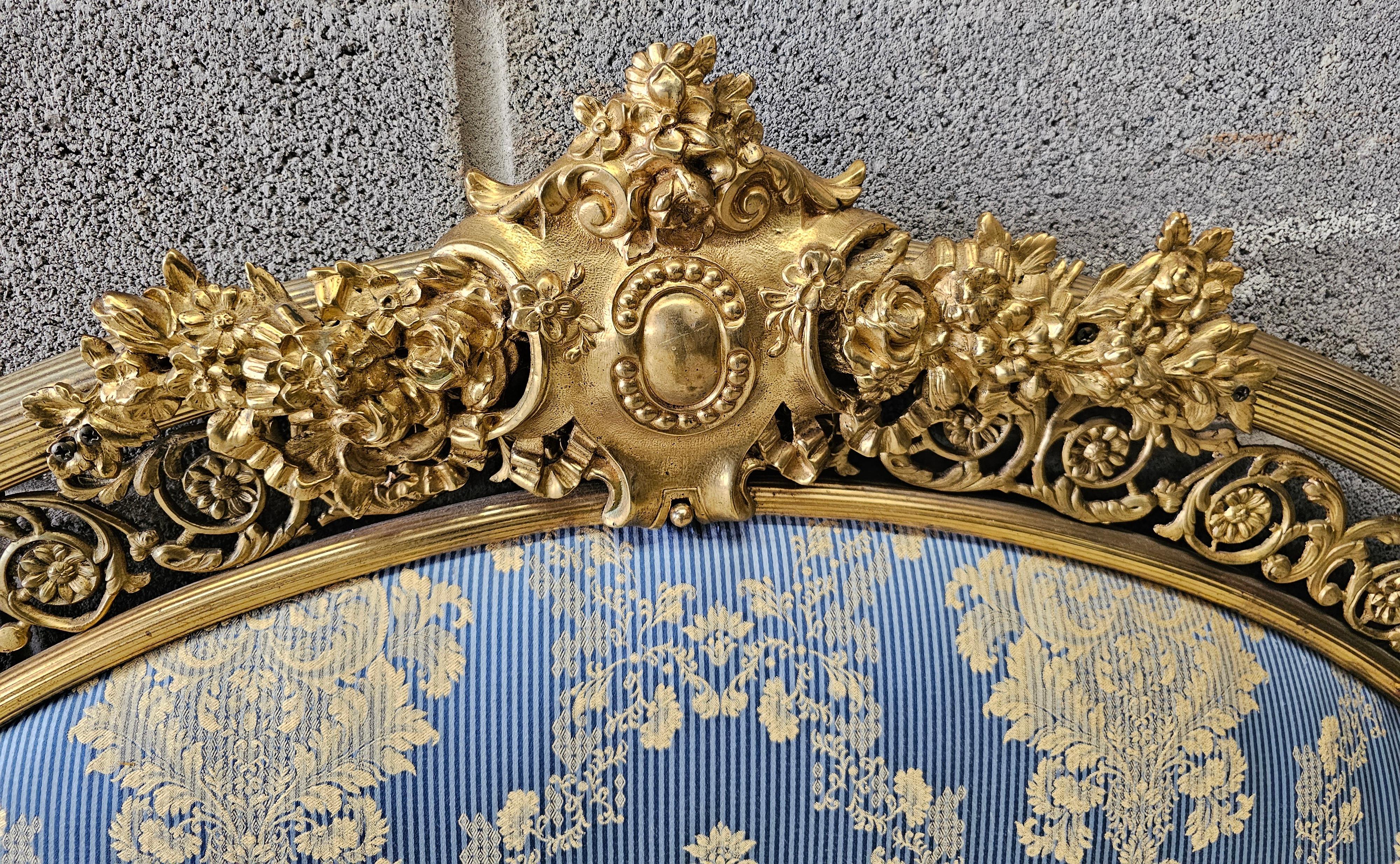 American Highly Decorative Louis XVI Style Brass and Upholstered Headboard, Circa 1920s For Sale