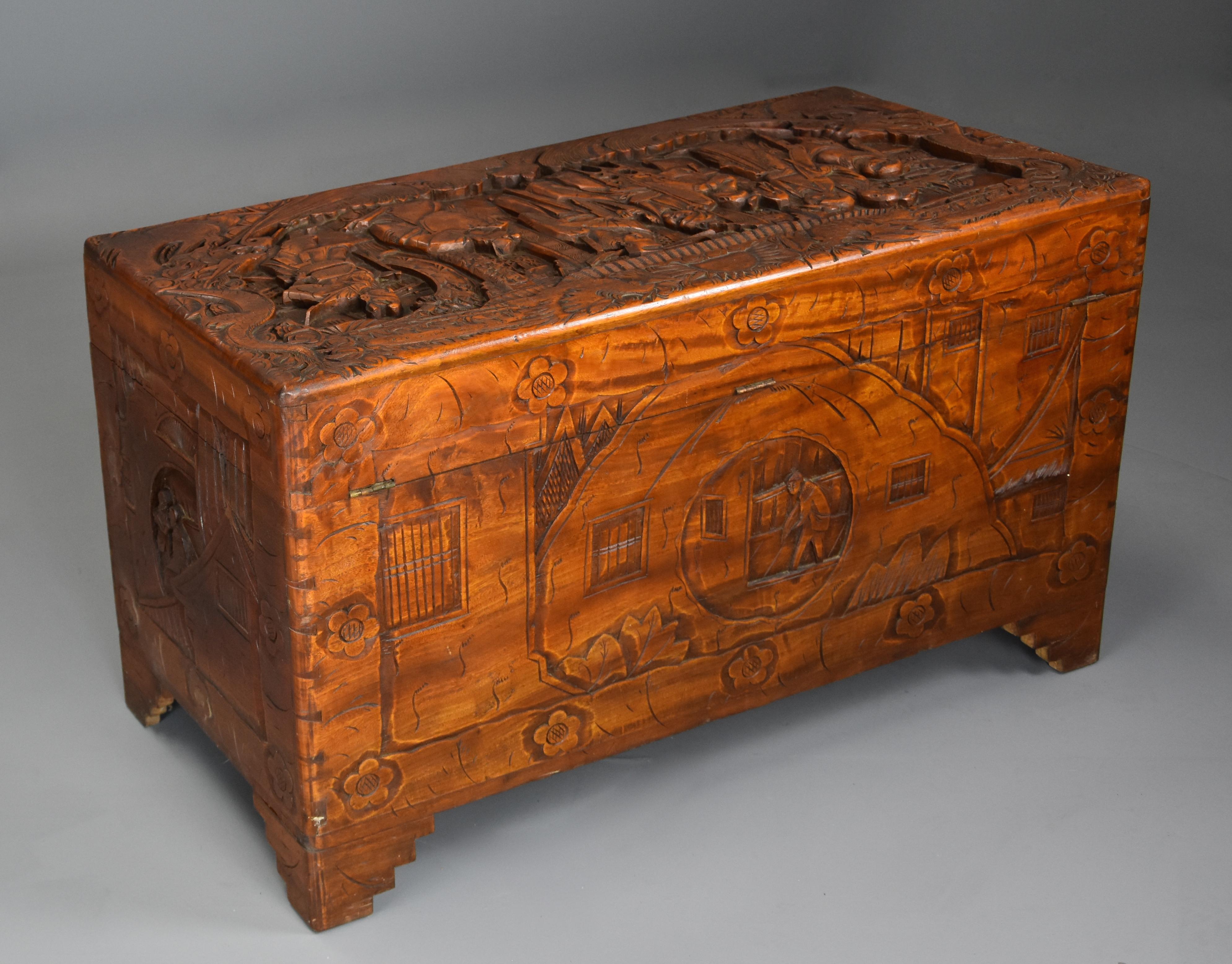 Highly Decorative Profusely and Deep Carved Eastern Camphor Wood Chest 4