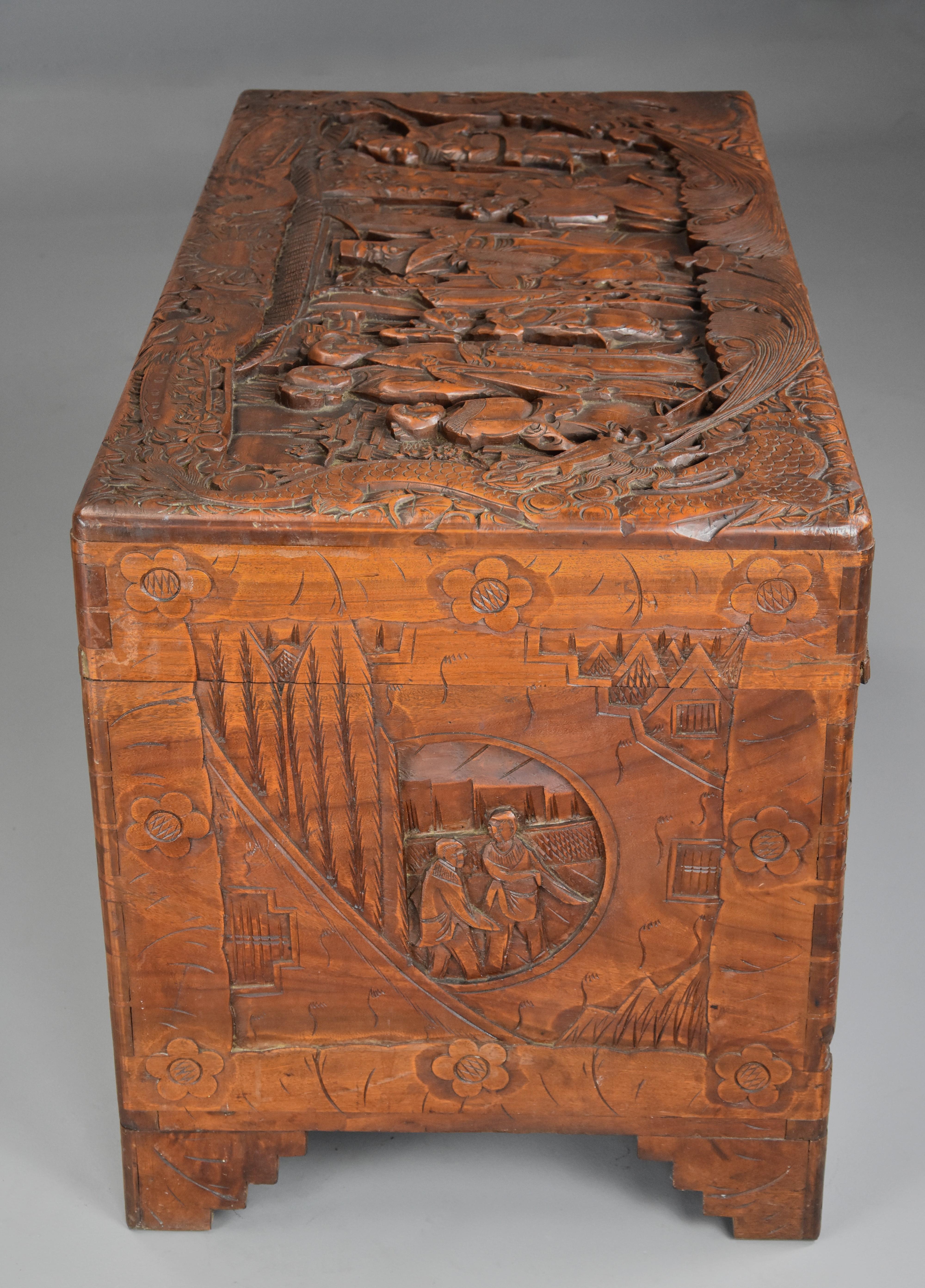20th Century Highly Decorative Profusely and Deep Carved Eastern Camphor Wood Chest