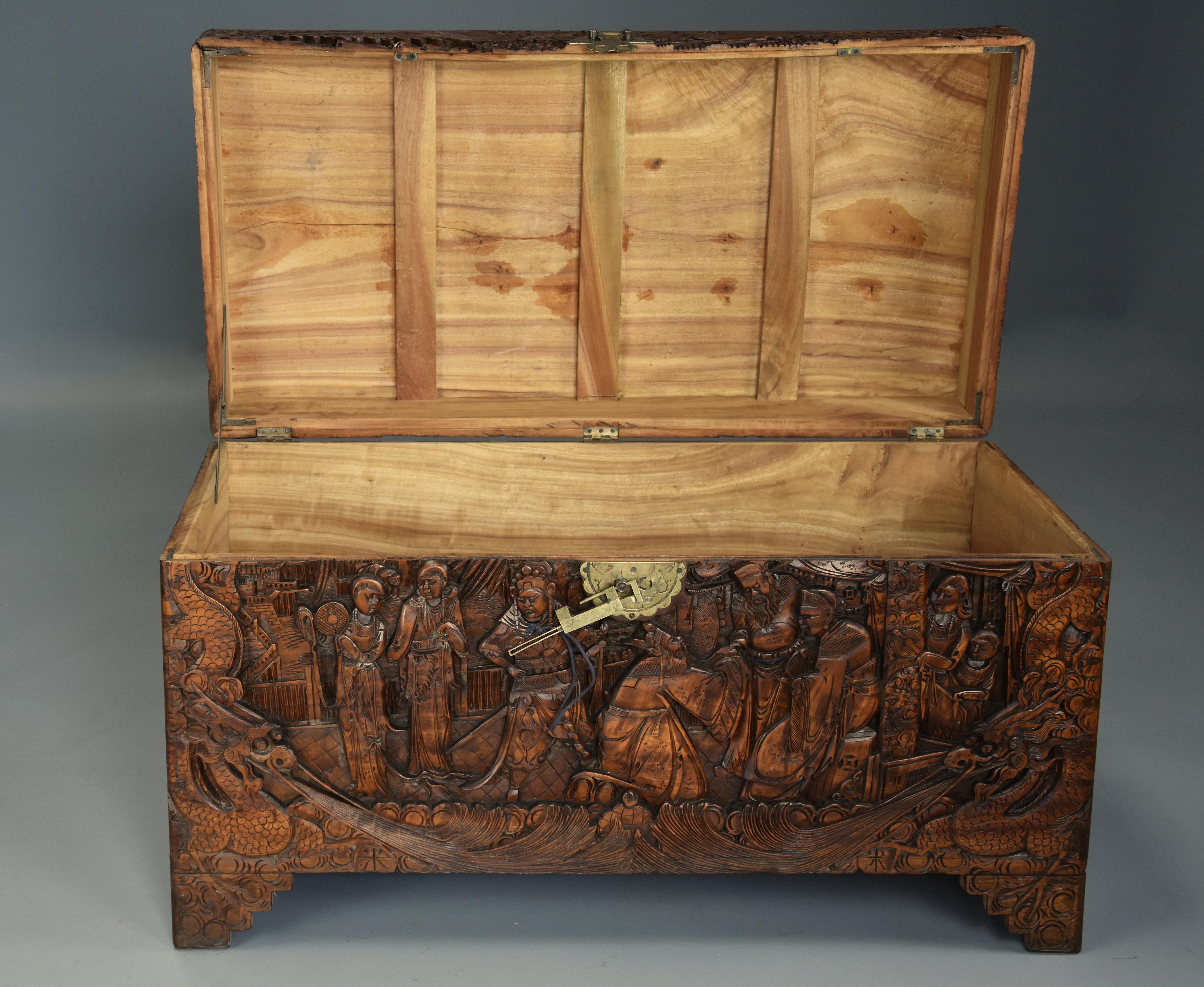 Highly Decorative Profusely and Deep Carved Eastern Camphor Wood Chest 1