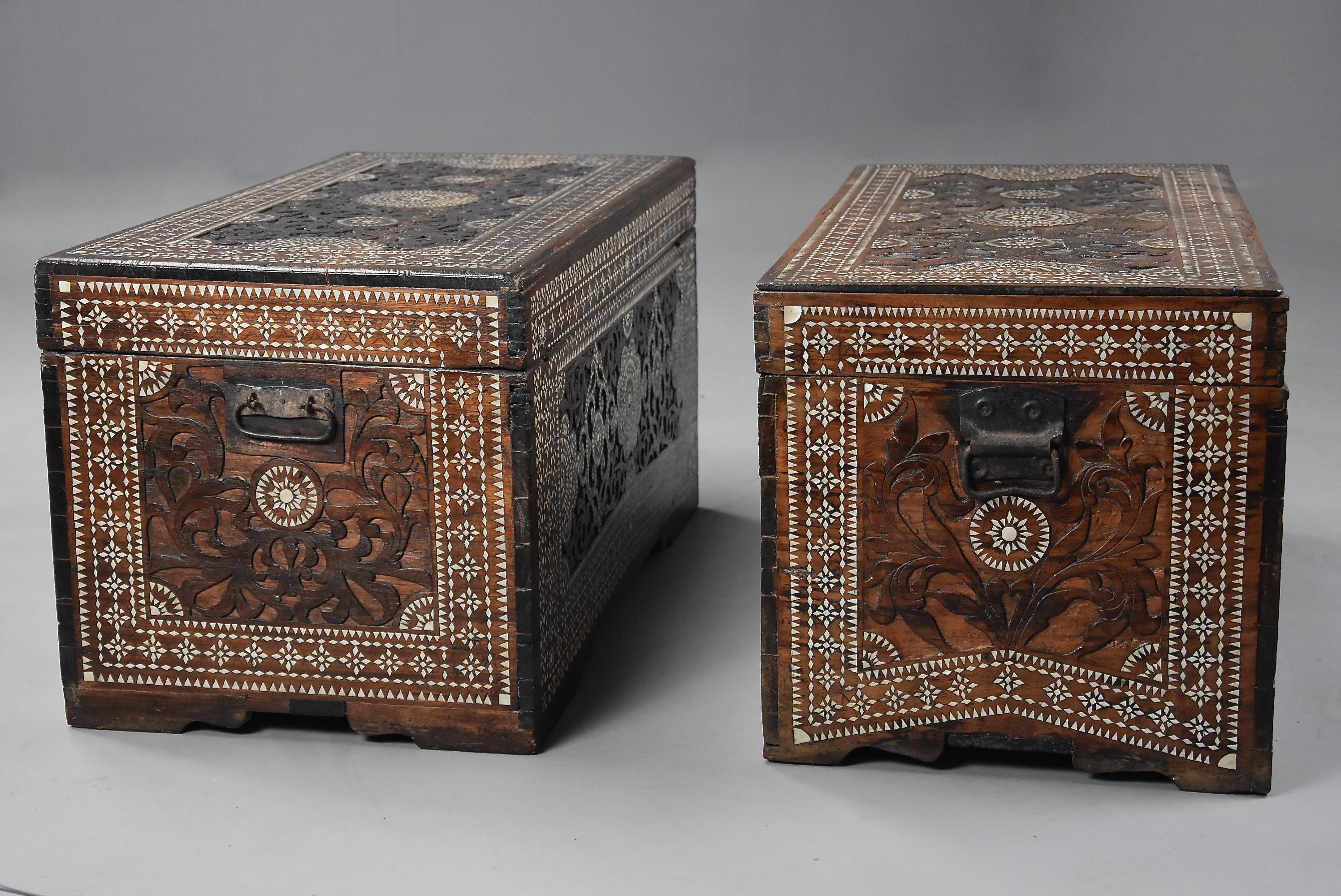 Highly Decorative Near Pair of Hardwood and Mother of Pearl Trunks For Sale 3