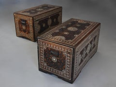 Highly Decorative Near Pair of Hardwood and Mother of Pearl Trunks