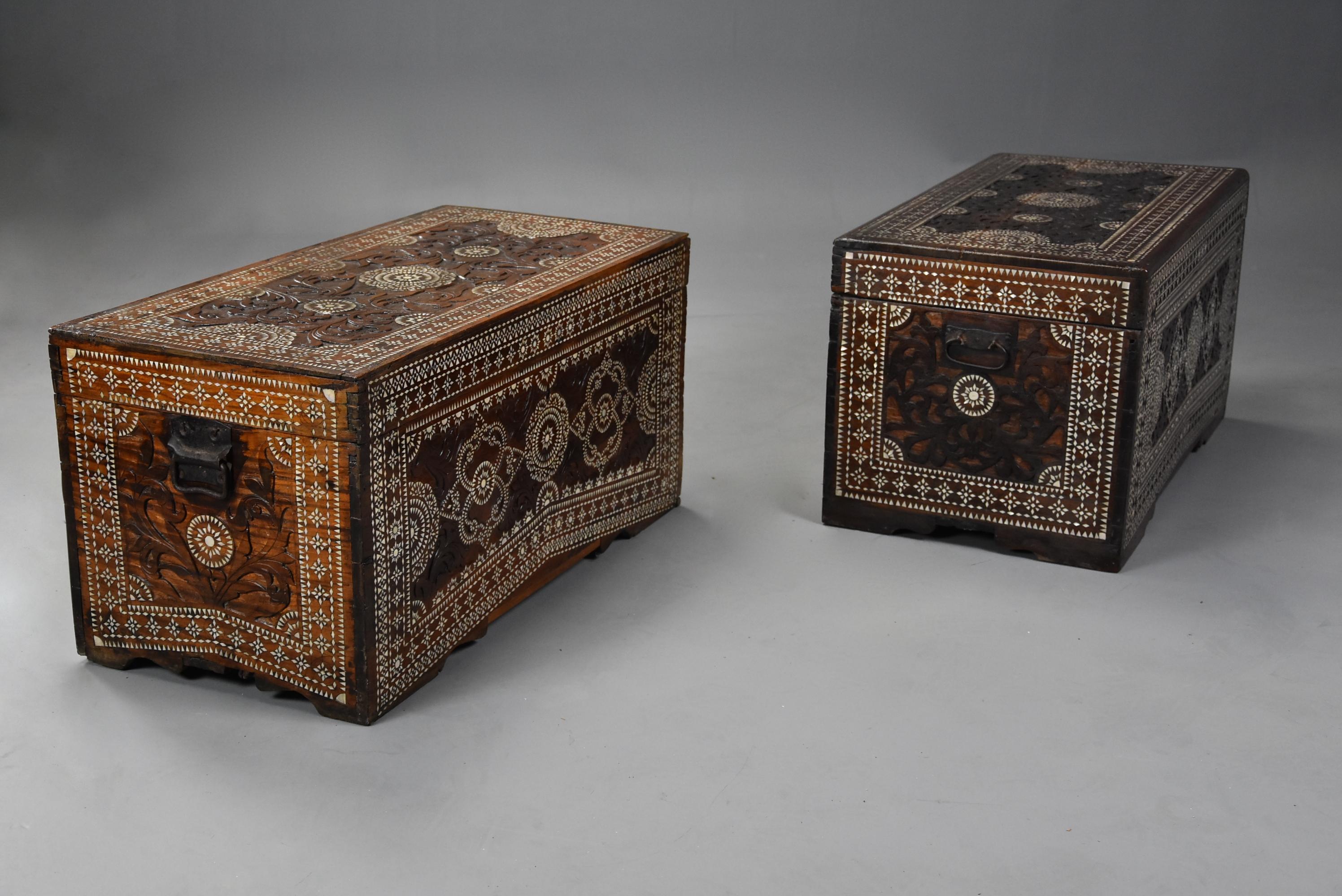 Asian Highly Decorative Near Pair of Hardwood and Mother of Pearl Trunks For Sale