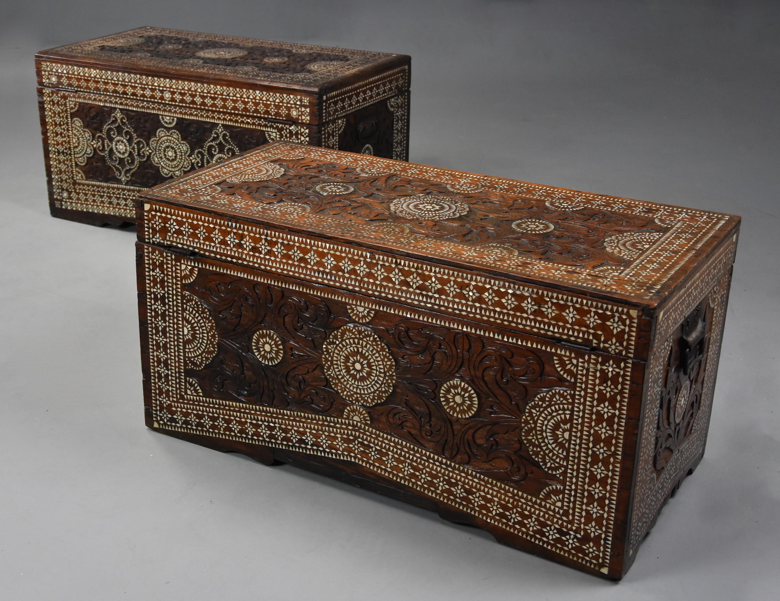 Highly Decorative Near Pair of Hardwood and Mother of Pearl Trunks For Sale 1