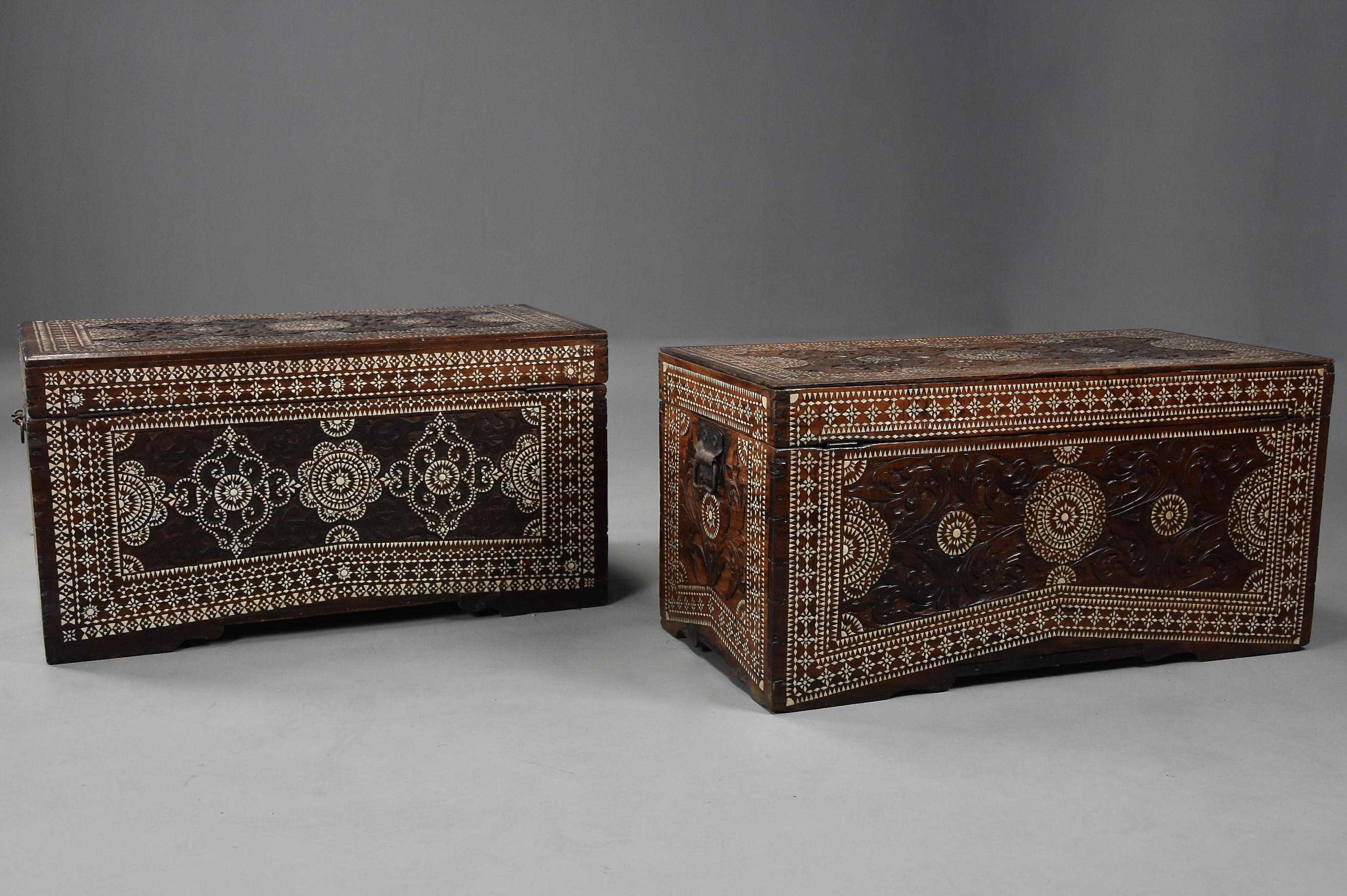 Highly Decorative Near Pair of Hardwood and Mother of Pearl Trunks For Sale 2