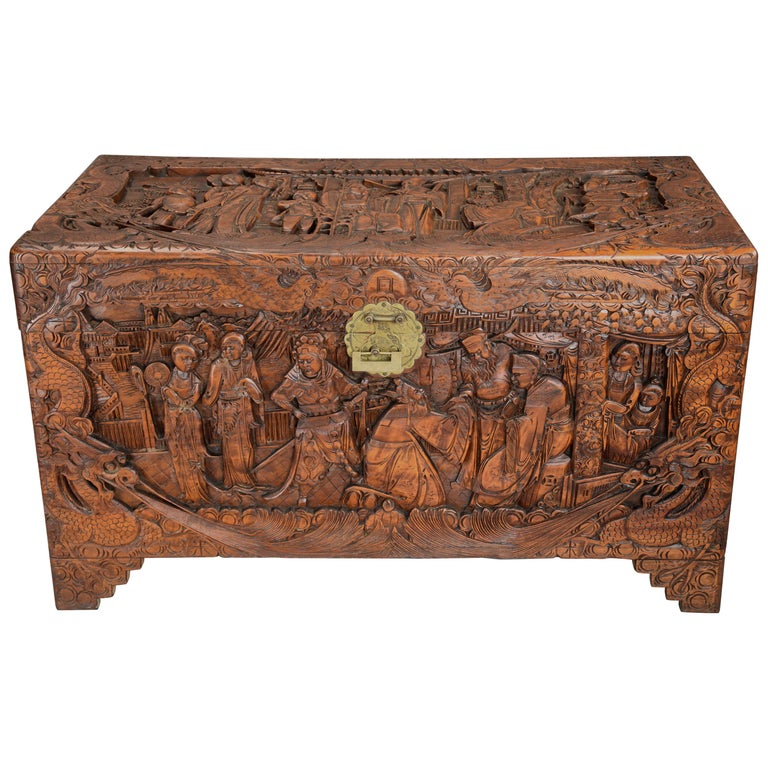 Ancien coffre en bois sculpté orientale 100x50x60 cm - Ameublement