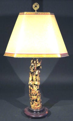 Highly Decorative & Richly Carved Oriental Giltwood Table Lamp, China Circa 1950