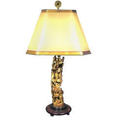 Highly Decorative Richly Carved Oriental Giltwood Table Lamp, China Circa 1950