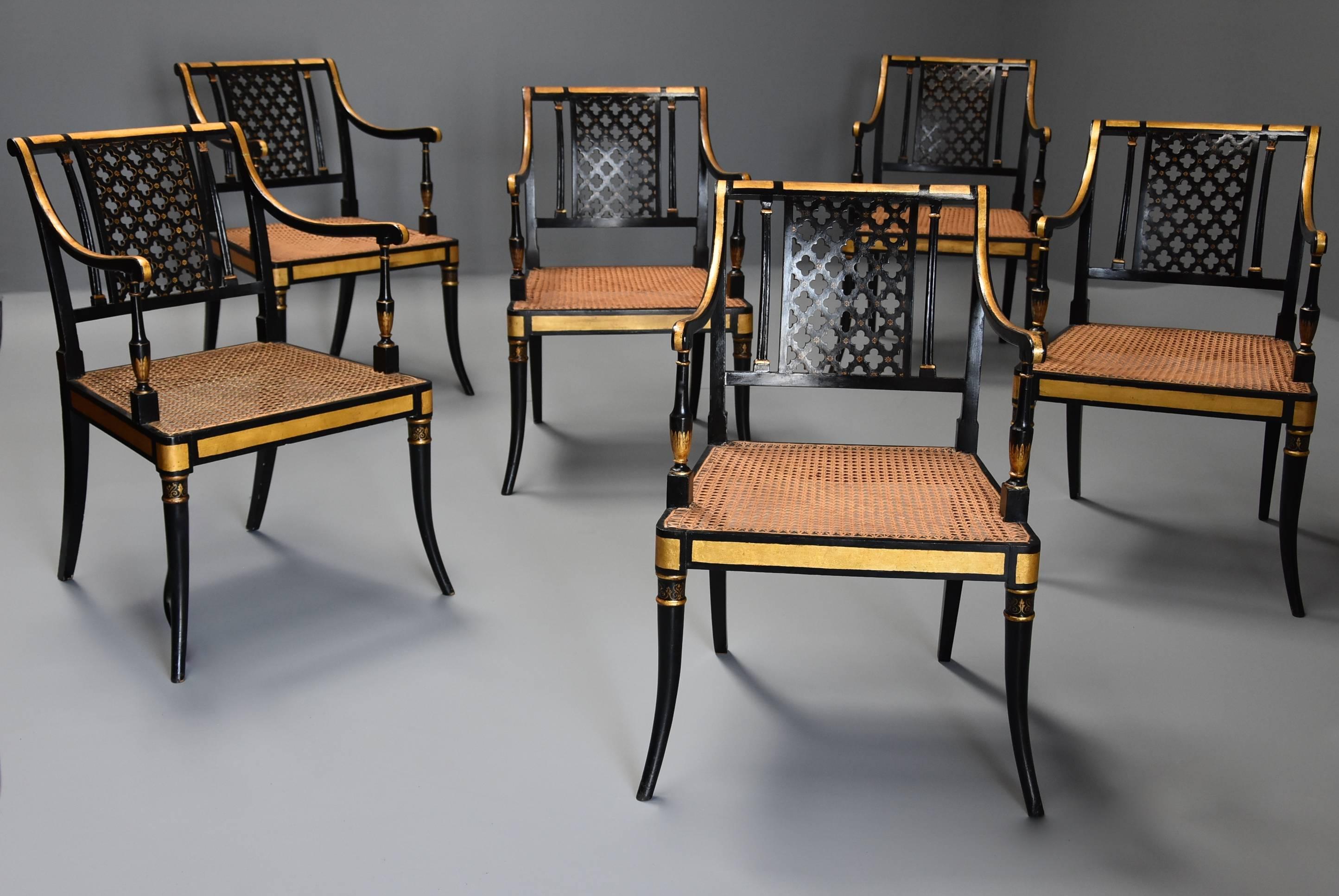 English Highly Decorative Set of Six Regency Painted and Gilt Open Armchairs