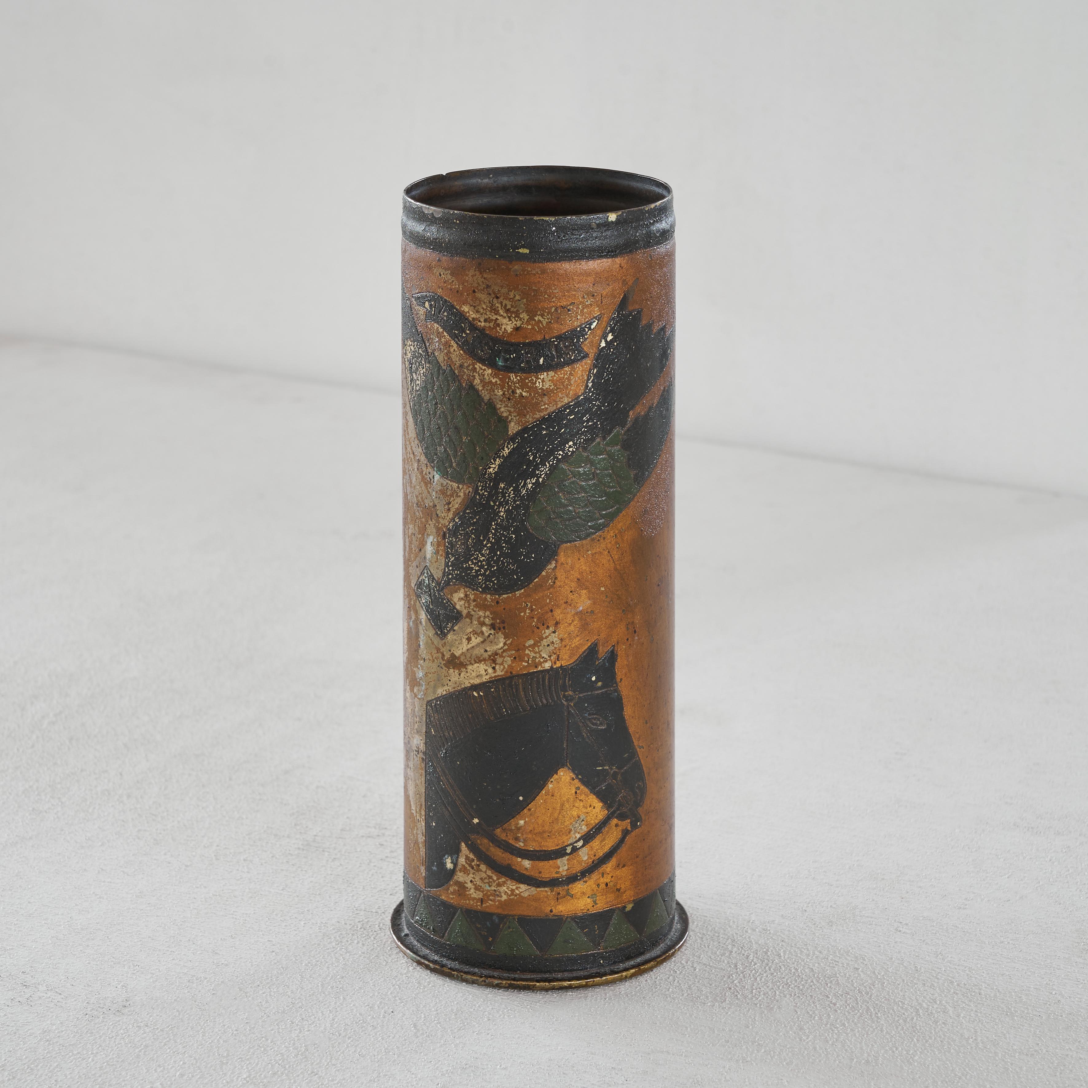 Rare and unusual piece of trench art from World War I (1914-1918), Belgium.

Trench art was made during or after WW1. Soldiers used metal and used bombshells from the battlefields to make art and memorabilia. 

This is a genuine bombshell from