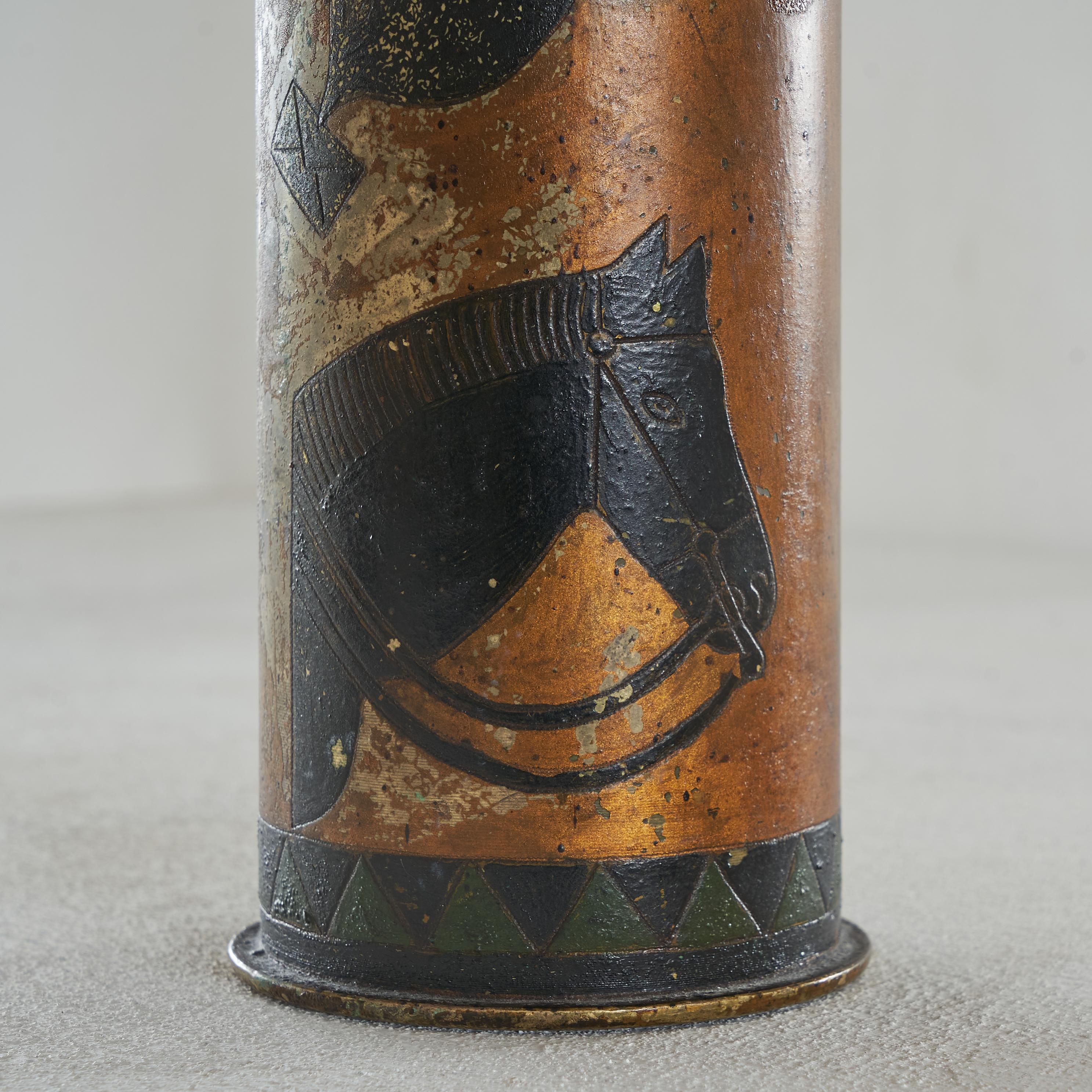 Folk Art Highly Decorative WWI Bombshell Trench Art Vase For Sale