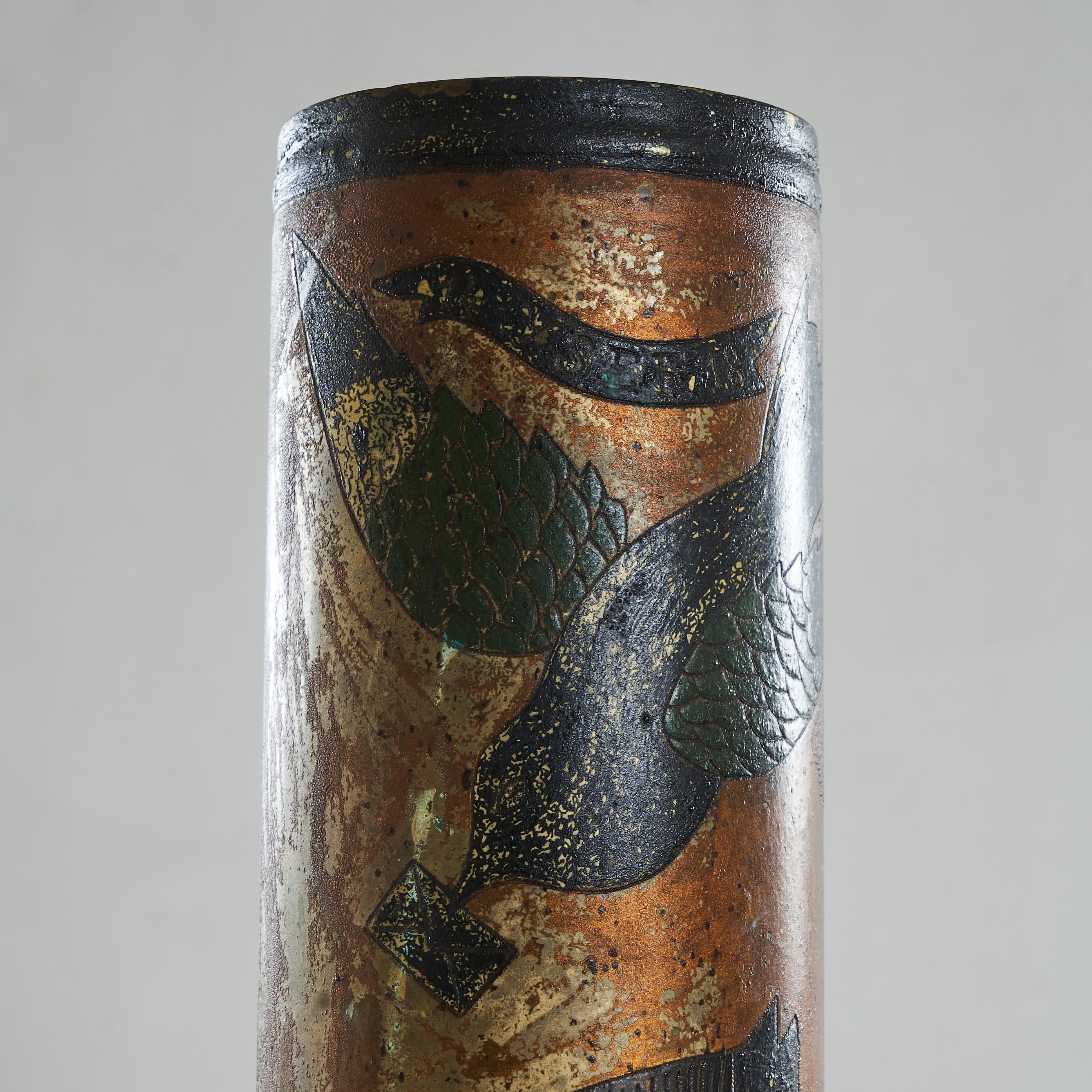 Hand-Crafted Highly Decorative WWI Bombshell Trench Art Vase For Sale