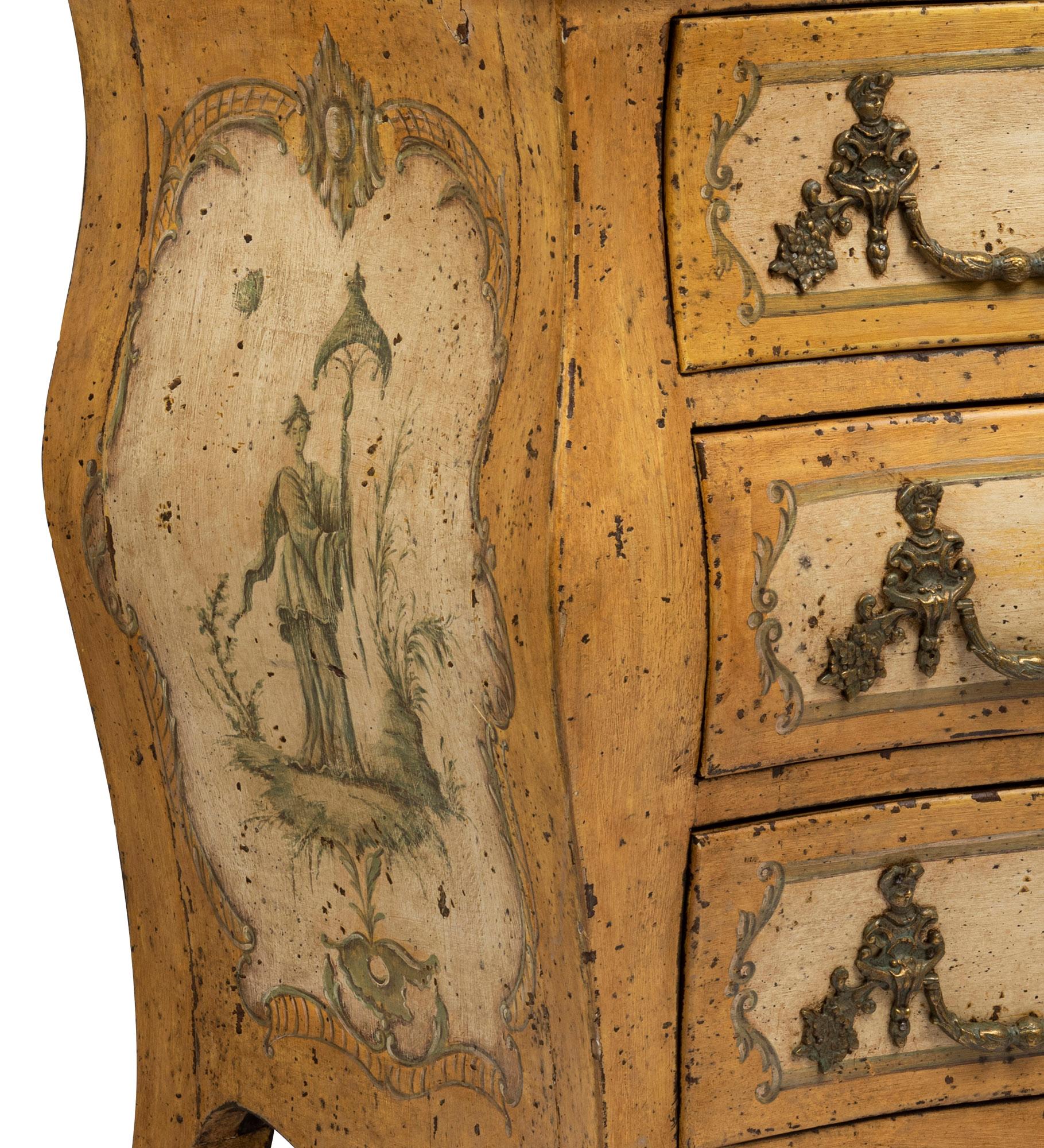 Italian Highly Decorative Yellow and Cream Painted Chinoiserie Bombe Commode Marble Top For Sale