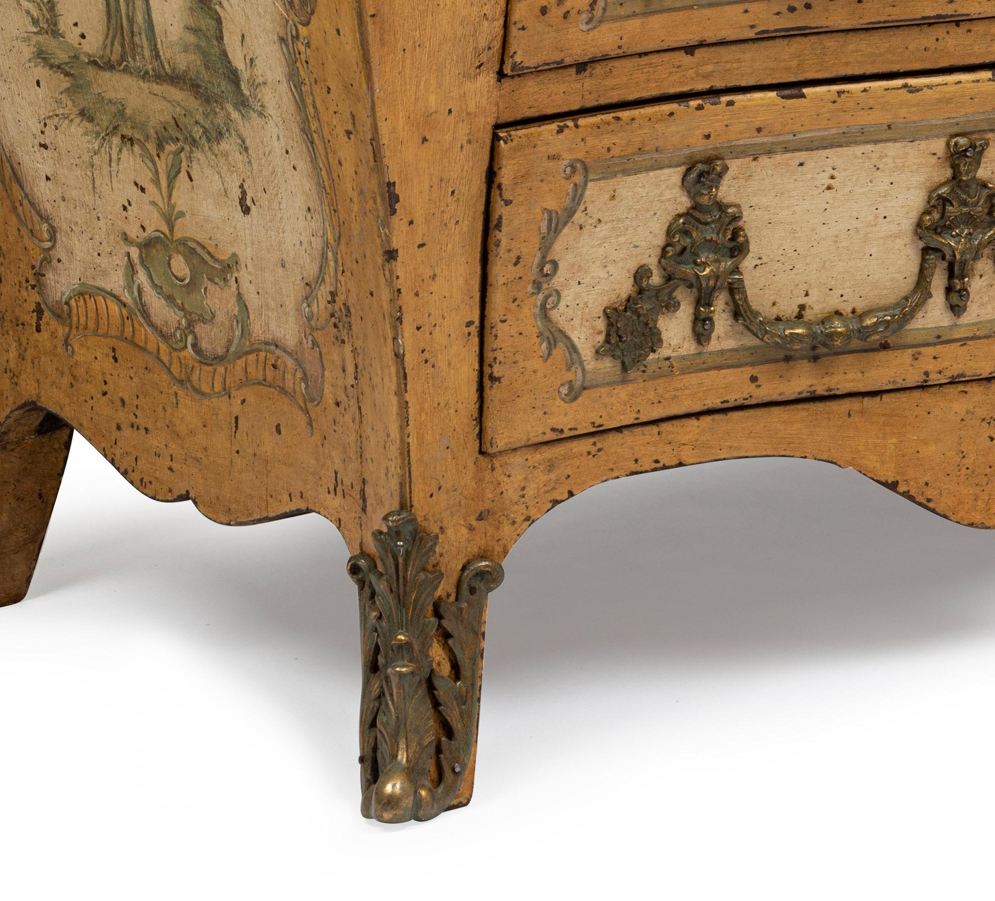 Highly Decorative Yellow and Cream Painted Chinoiserie Bombe Commode Marble Top In Good Condition For Sale In South Yarra, AU