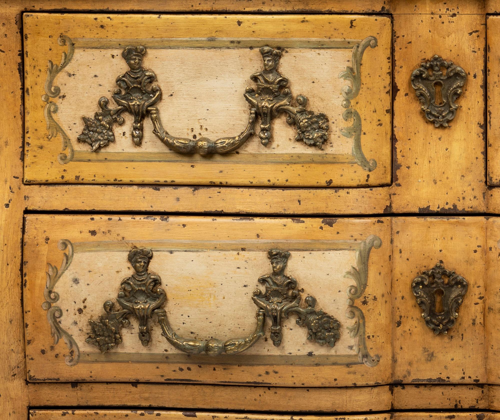 20th Century Highly Decorative Yellow and Cream Painted Chinoiserie Bombe Commode Marble Top For Sale