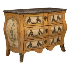 Highly Decorative Yellow and Cream Painted Chinoiserie Bombe Commode Marble Top