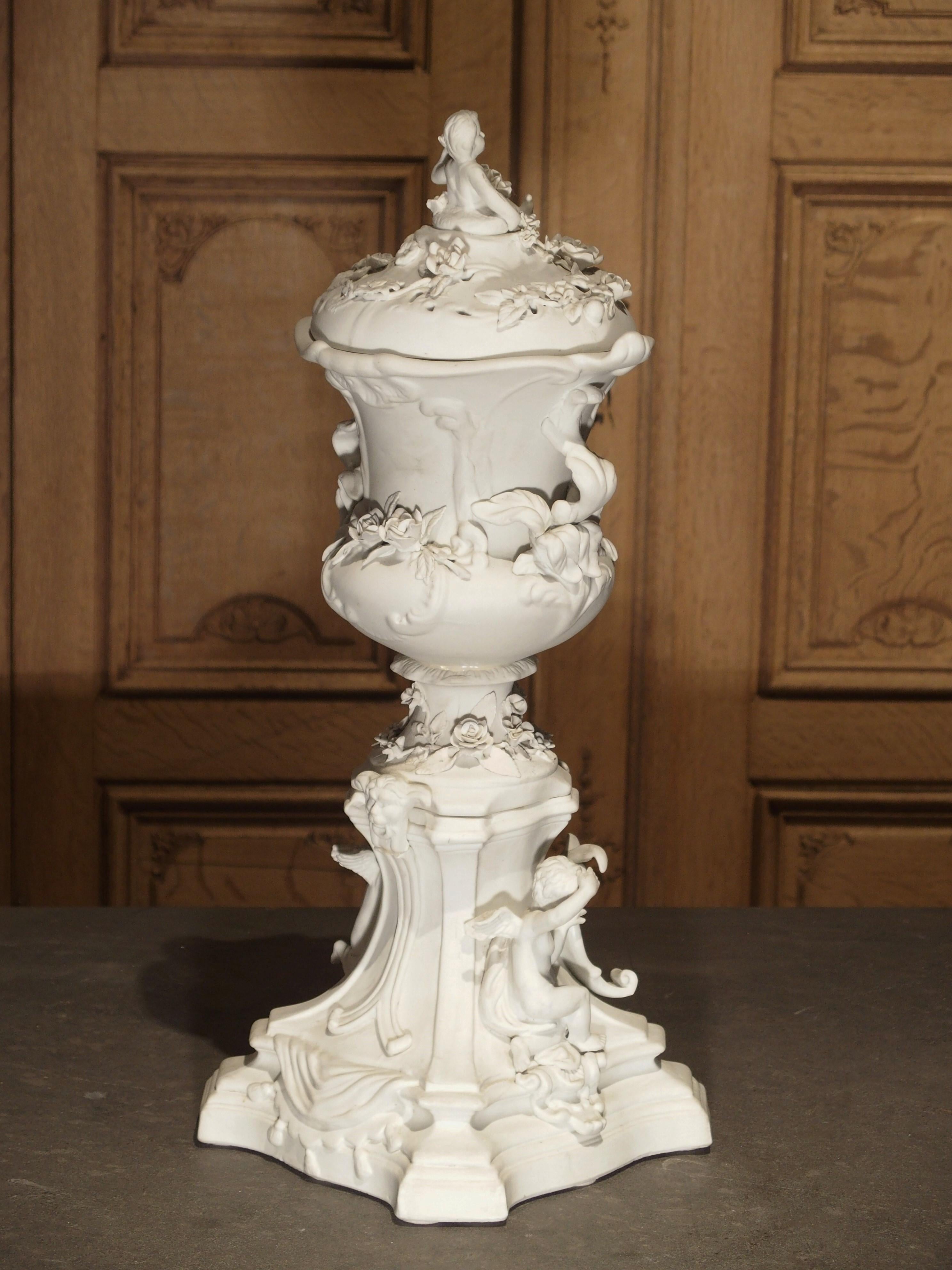 Highly Detailed Antique French Lidded Bisque Urn, Circa 1900 13