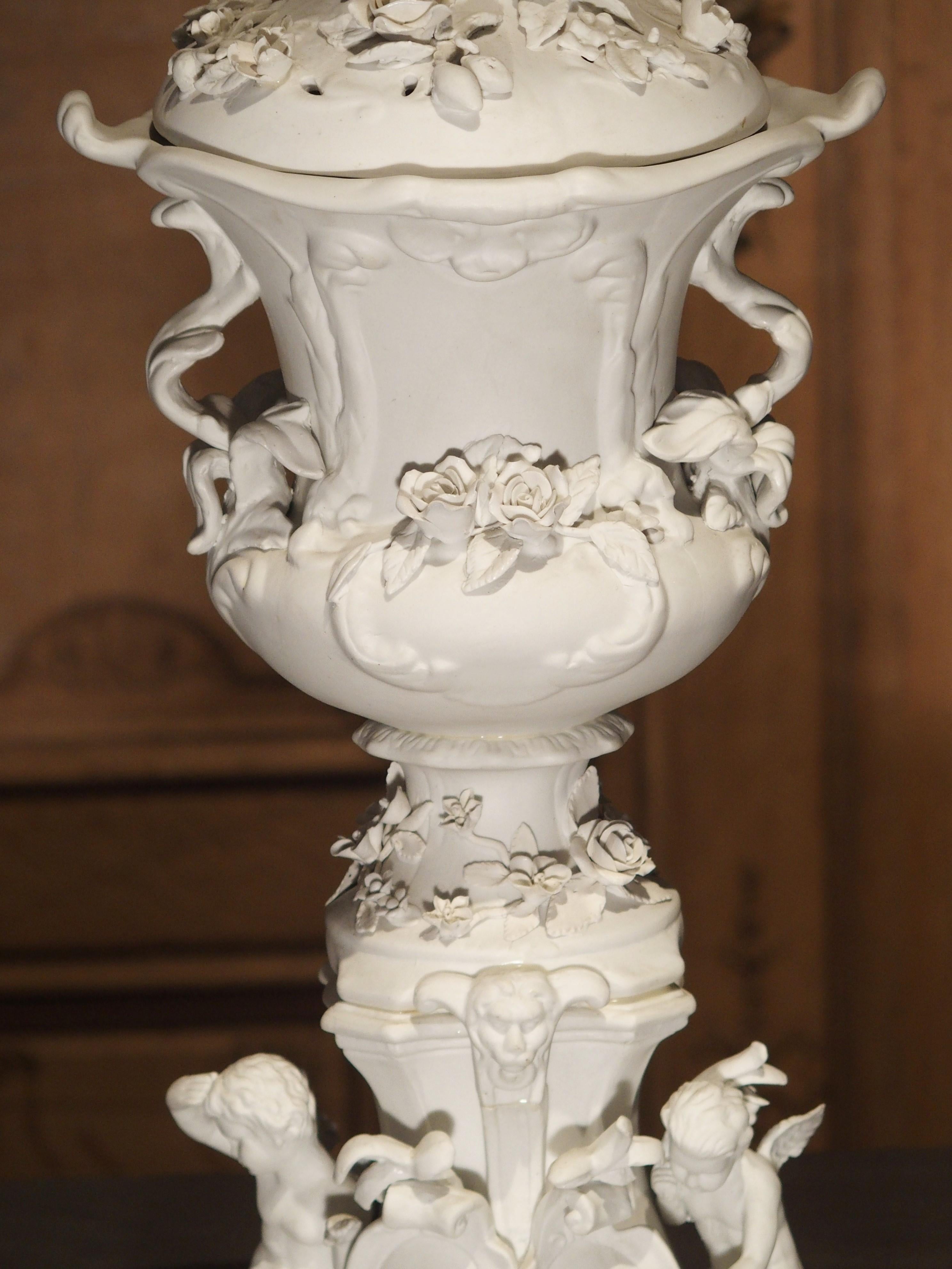Highly Detailed Antique French Lidded Bisque Urn, Circa 1900 3