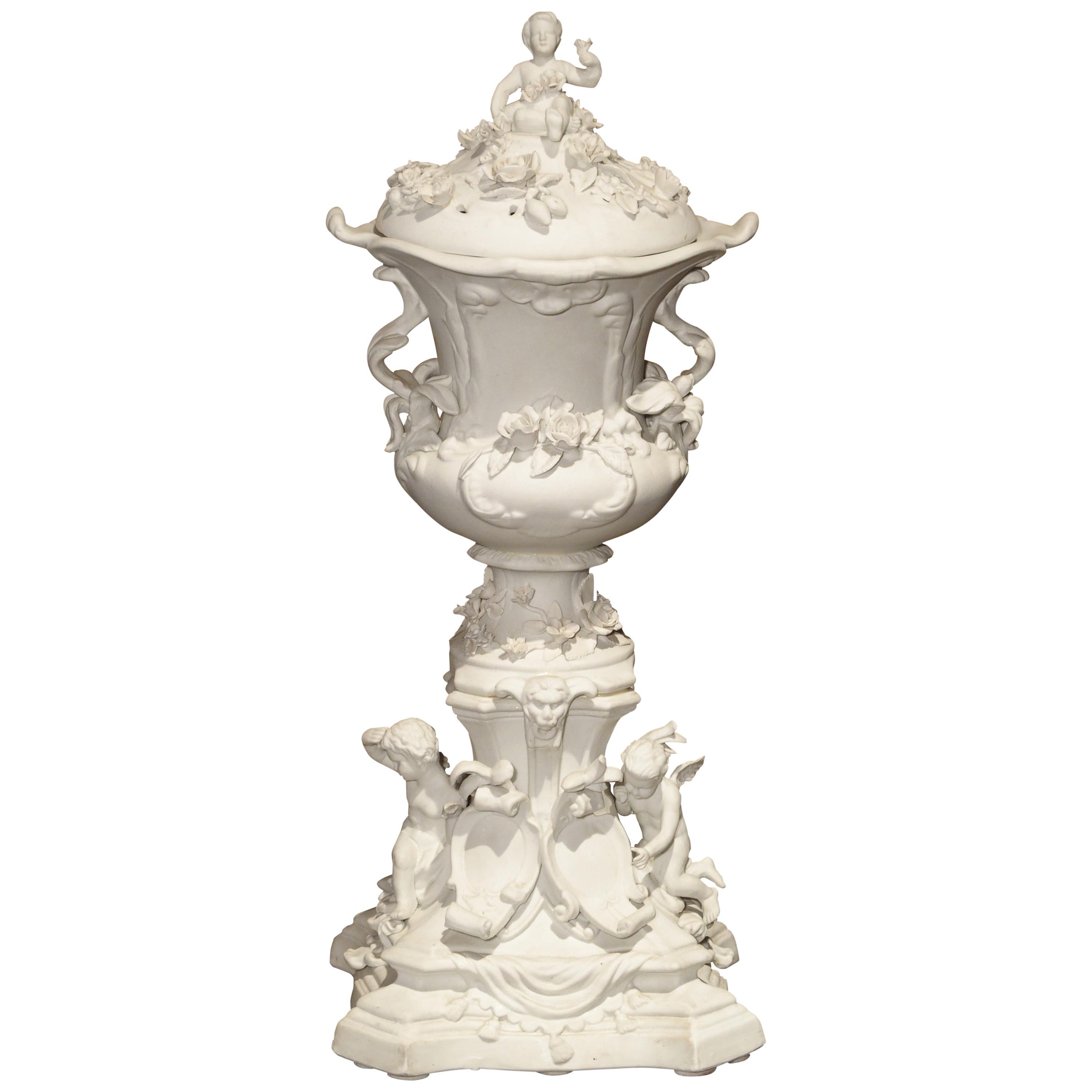 Highly Detailed Antique French Lidded Bisque Urn, Circa 1900