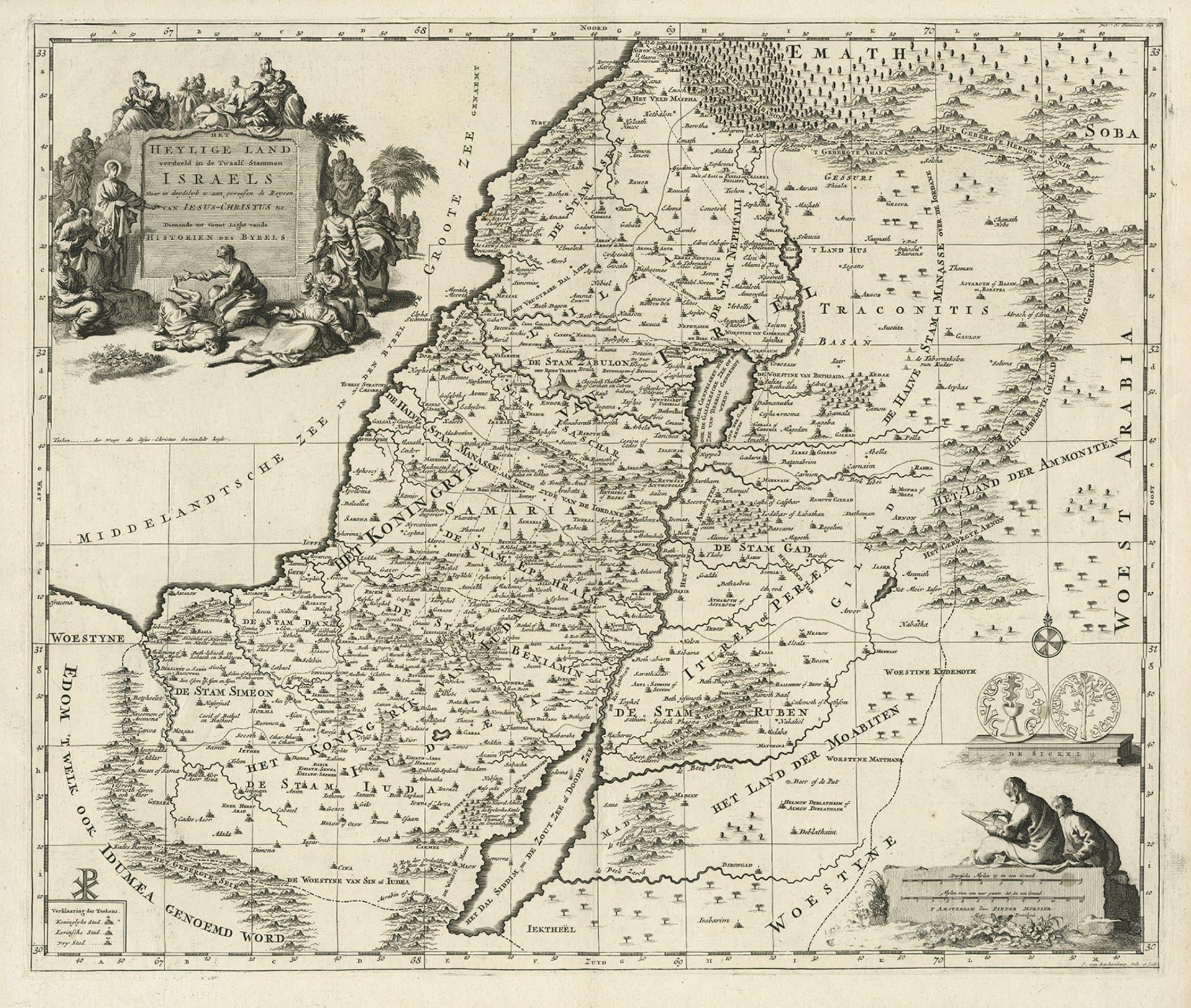 Antique map titled 'Heylige Land verdeeld in de Twaalf Stammen Israels (..).' 

Highly detailed map of the Holy Land divided into 12 tribes of Israel. With beautiful large title cartouche, vignette with scale and compass rose. Published in the