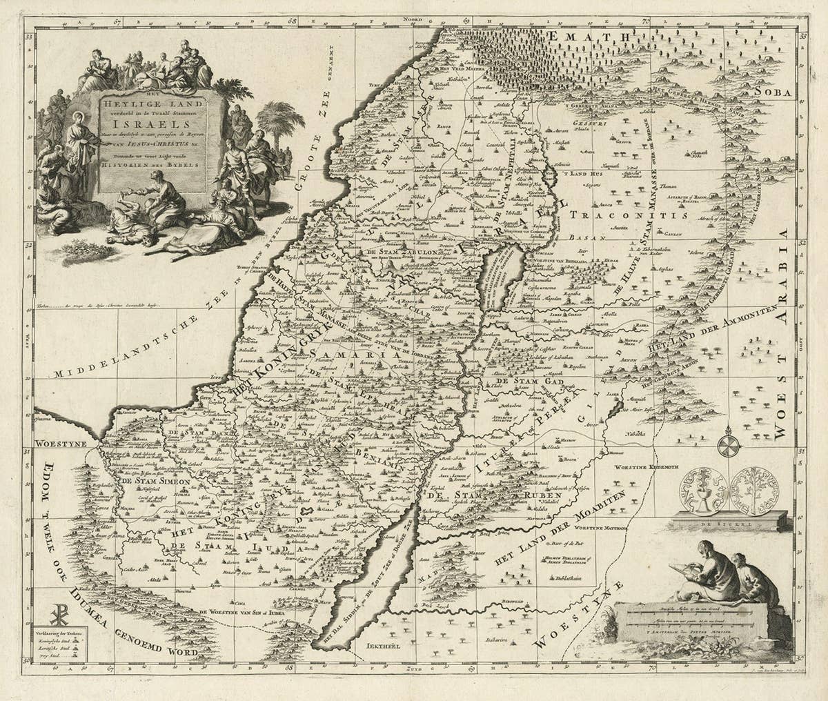 Highly Detailed Antique Map of the Holy Land Showing 12 Tribes of Israel, c.1720