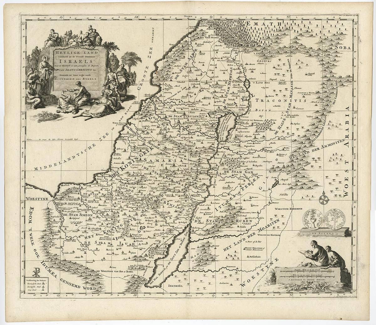 Highly Detailed Antique Map of the Holy Land Showing 12 Tribes of Israel, c.1720