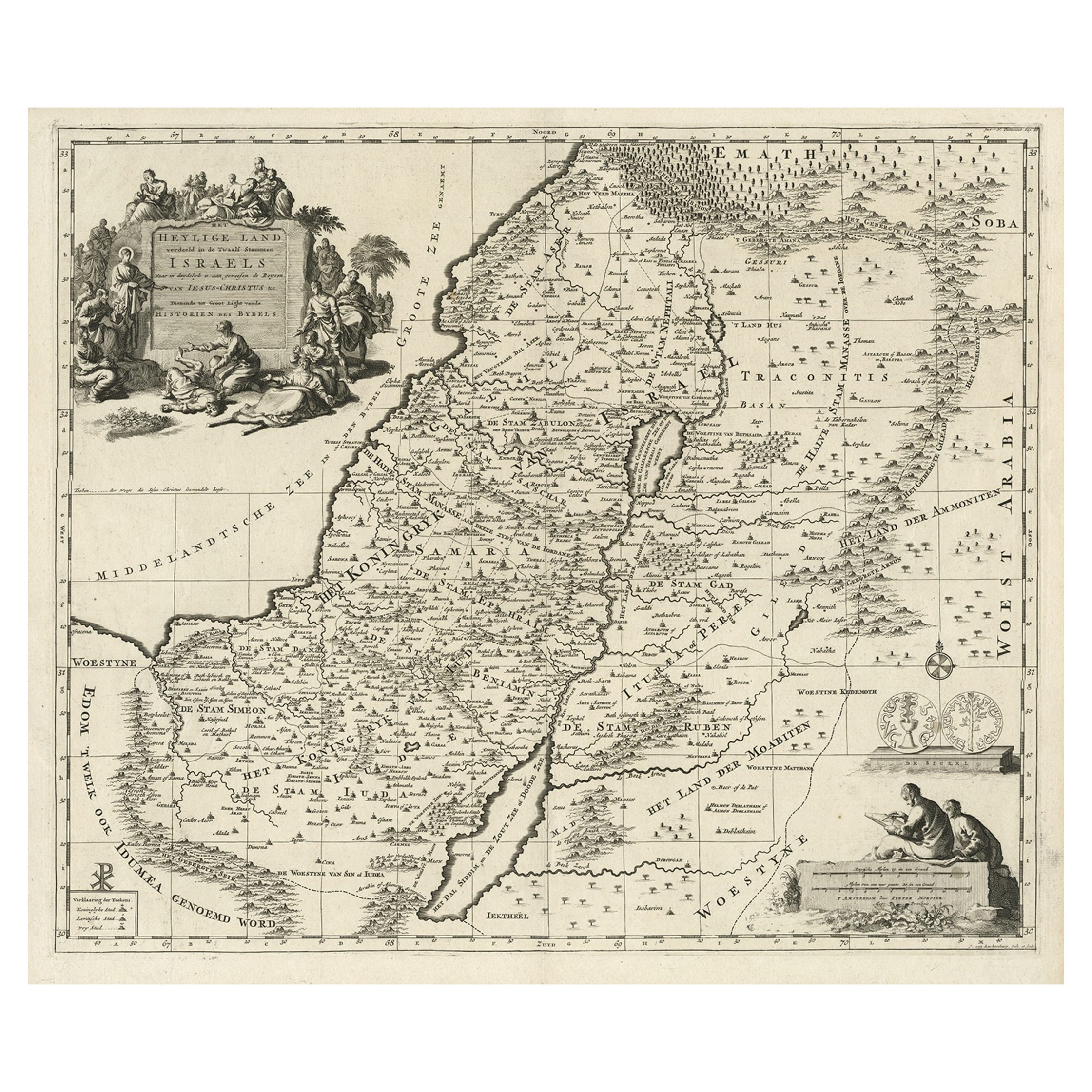 Carte ancienne de la Terre Sainte montrant 12 tribus d'Israël, vers 1720