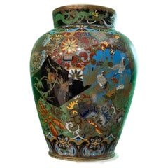 Highly Elaborate Japanese Cloisonne Enamel Vase with Birds Flowers and Panels