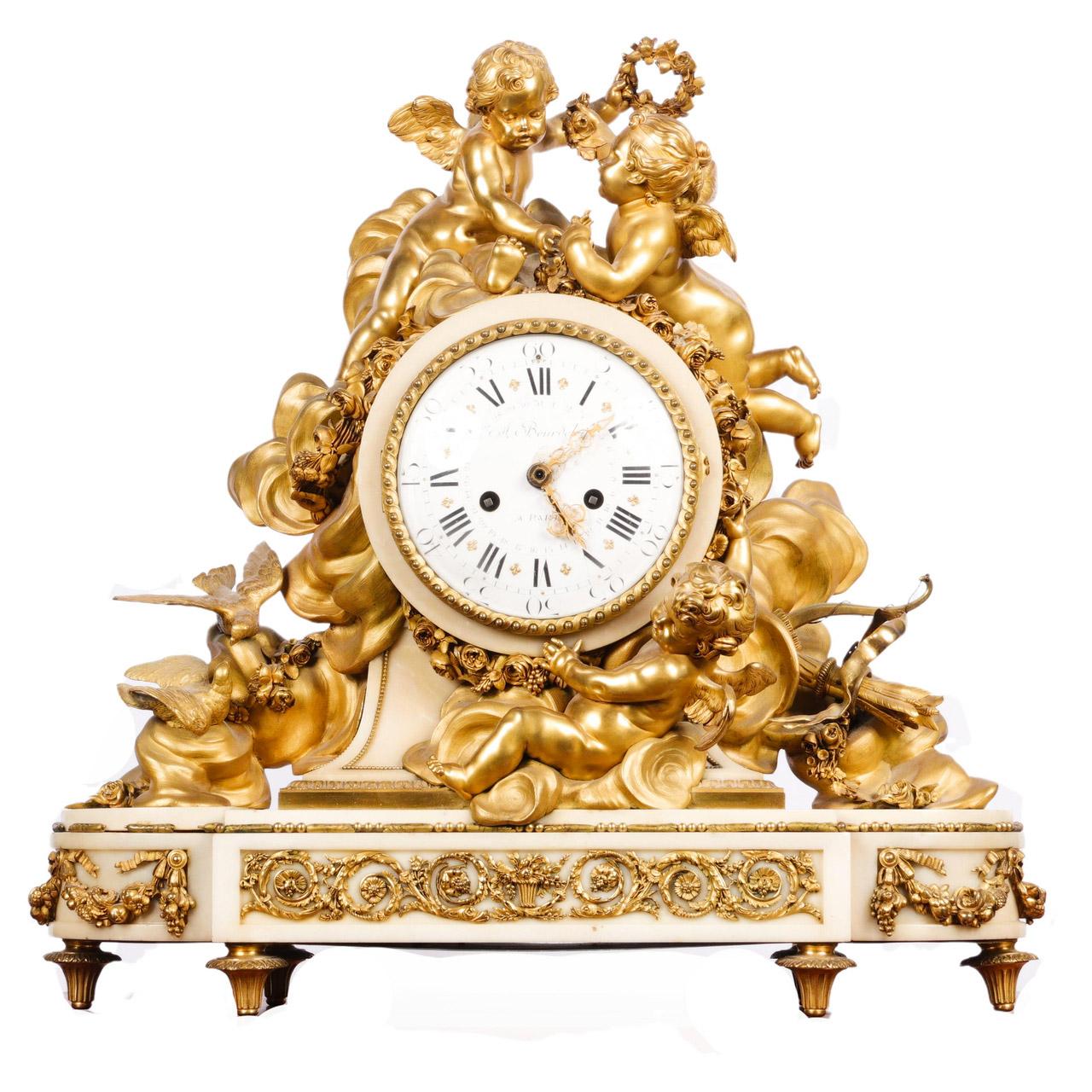 Uhrenset aus vergoldeter Bronze im Louis-XVI.-Stil von Beurdeley (Vergoldet) im Angebot