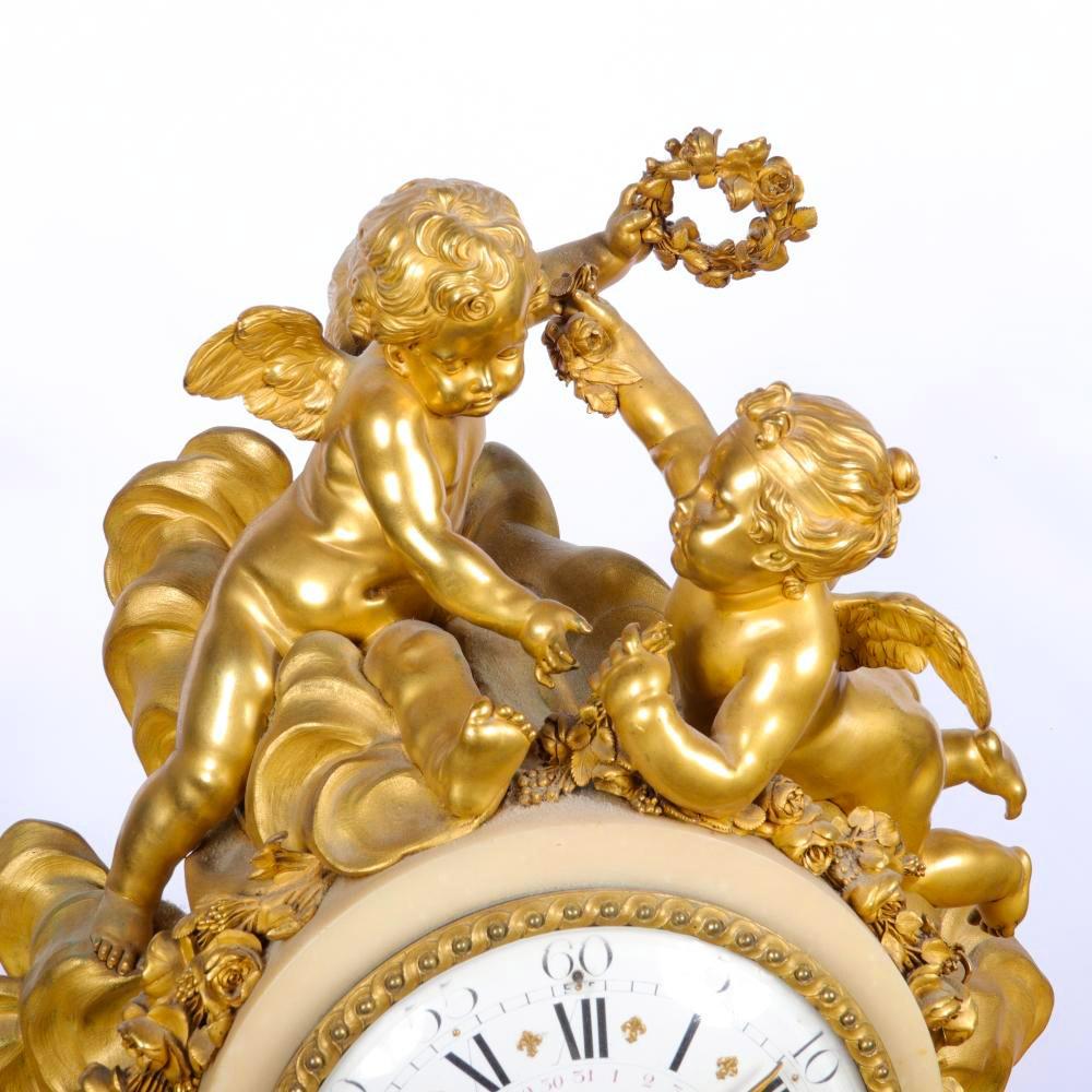 19th Century Highly Important Louis XVI Style Gilt Bronze Clockset by Beurdeley For Sale