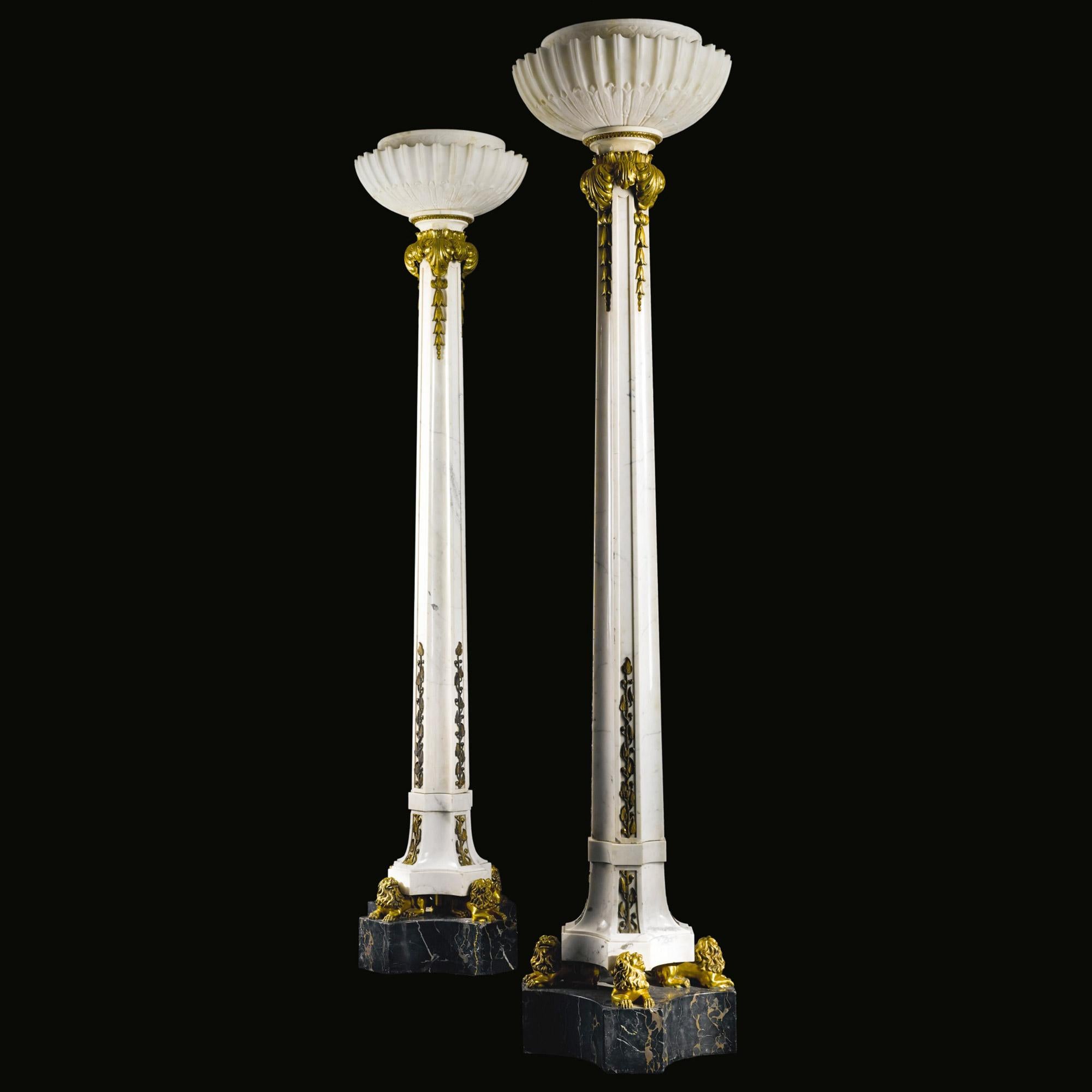 A highly important and monumental pair of gilt bronze mounted marble and alabaster floor lamps att . E.F.Caldwell  New York

Date: late 19th-early 20th century
height 8 ft. 4 in.

Literature:
Sterling Bronze & Co, Historic Art In Decoration, The