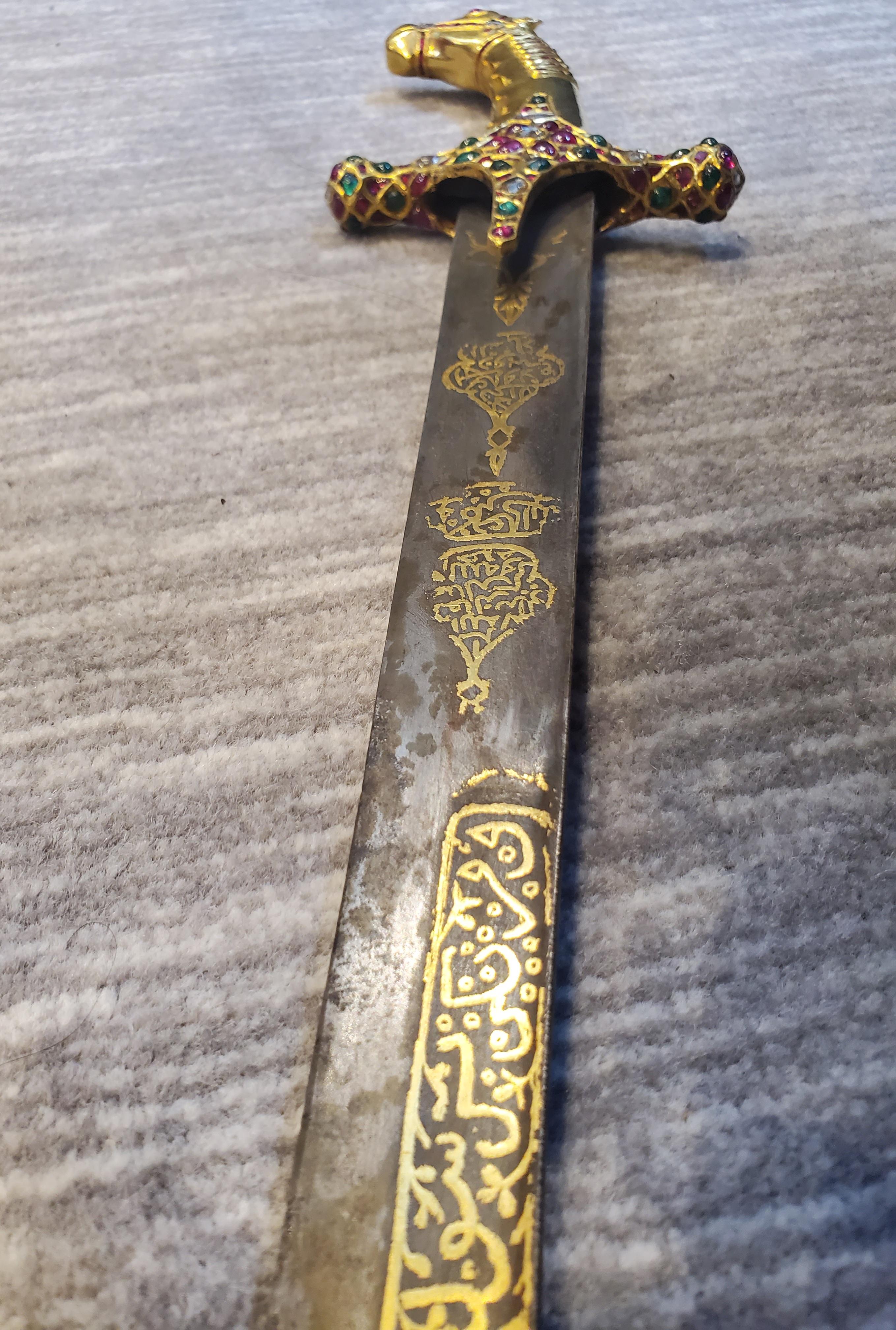 19th Century Highly Important Multi Gem Mughal Gold Horse Sword Shamshir