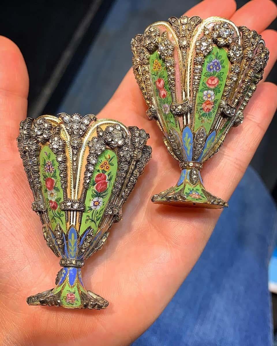 Highly Important Museum Quality Pair of Diamond and Enamel Zarfs For Sale 3