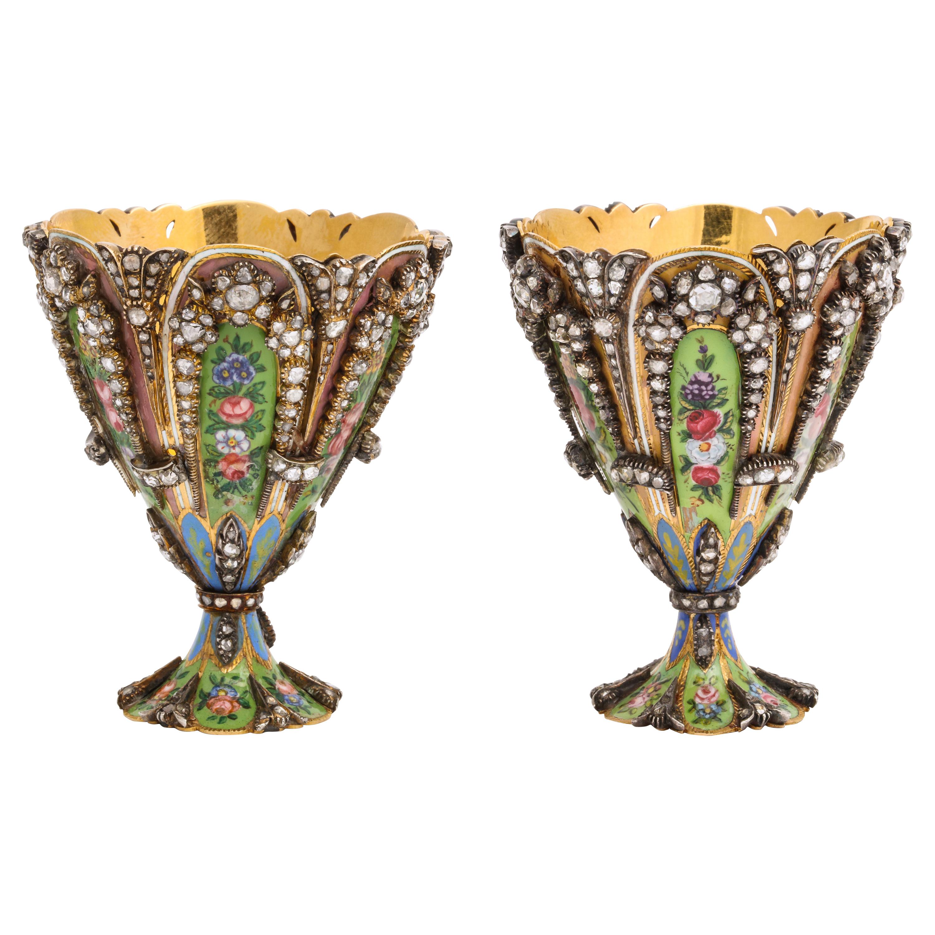 Highly Important Museum Quality Pair of Diamond and Enamel Zarfs For Sale