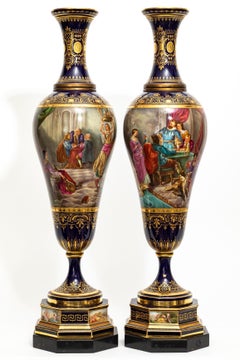 Highly Important Pair of 19th-Century Vienna Porcelain Hand-Painted Vases