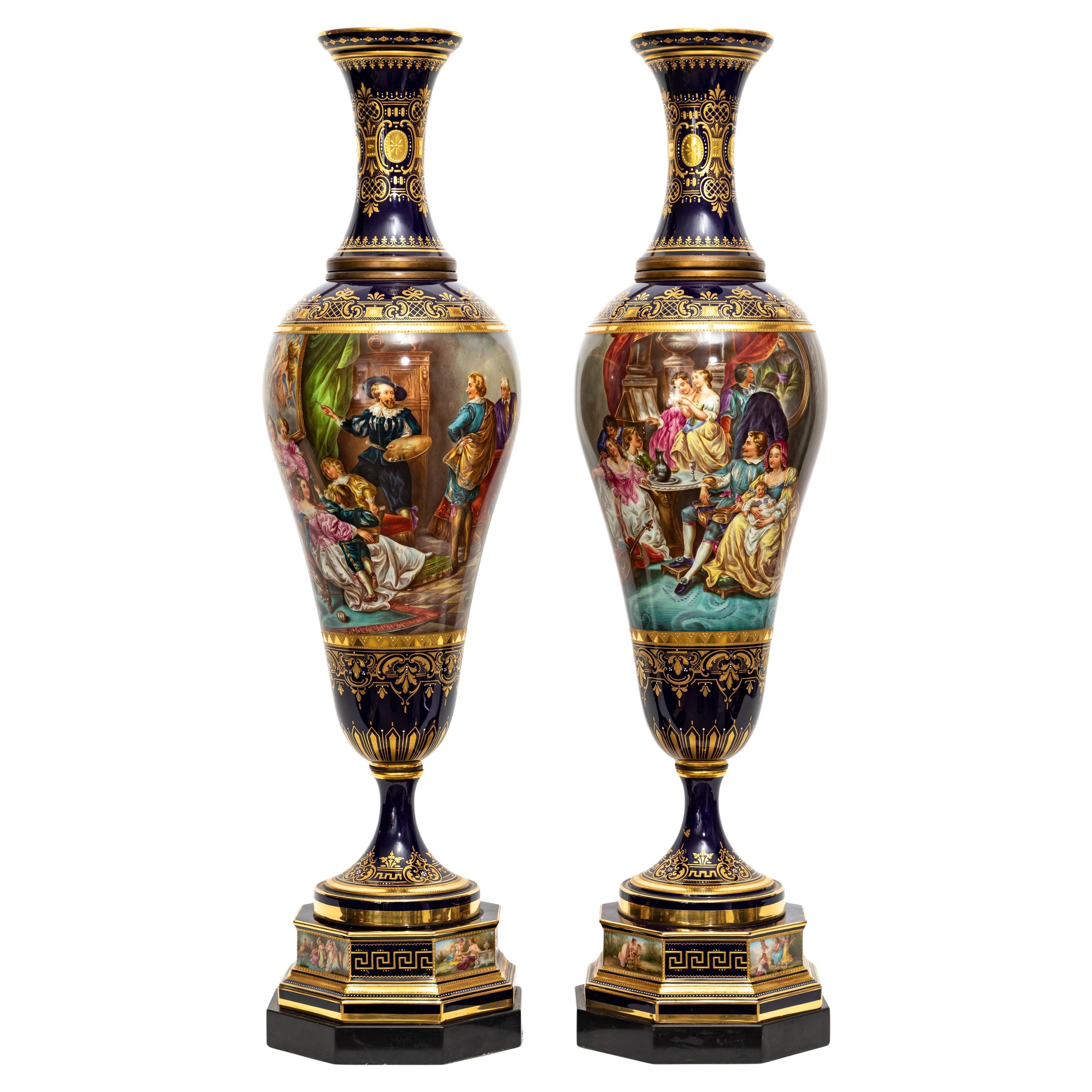 Highly Important Pair of 19th-Century Vienna Porcelain Hand-Painted Vases