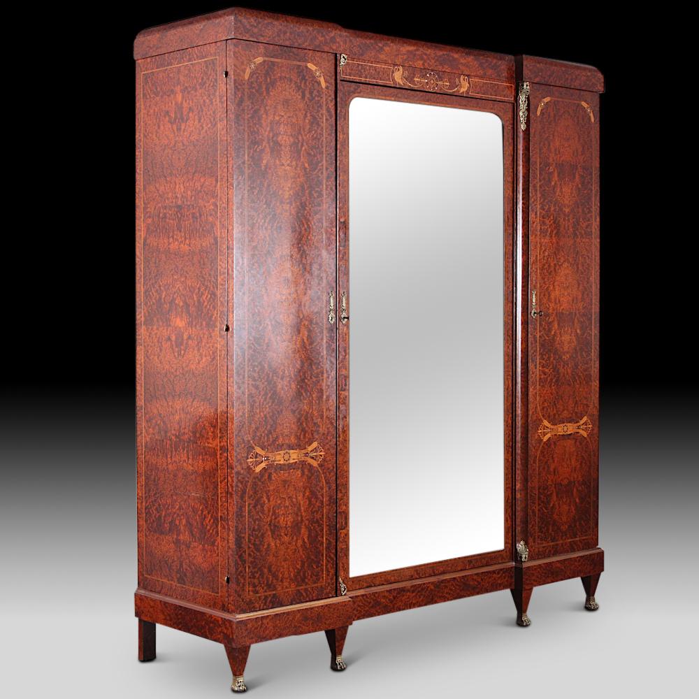 Highly Inlaid Belgian Amboyna Eight Piece Empire Bedroom Suite  In Good Condition In Vancouver, British Columbia