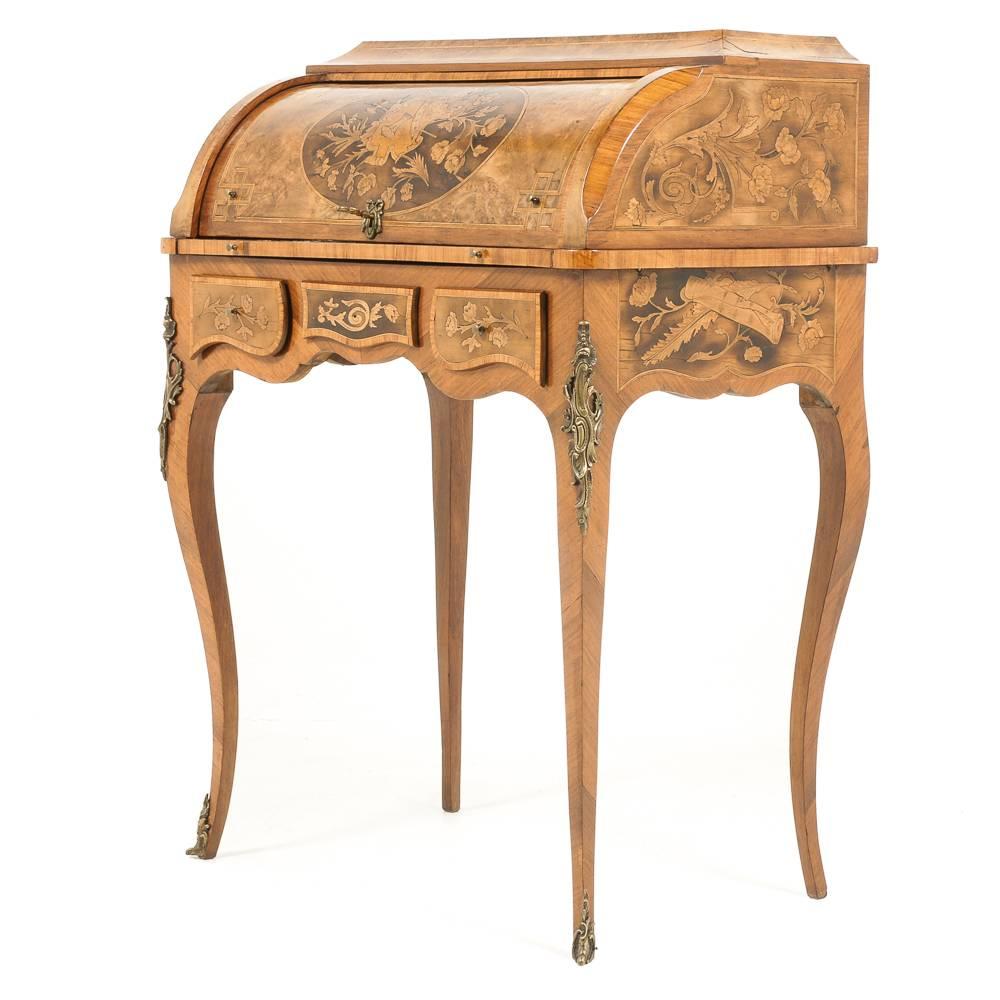 Louis XV Highly Inlaid French Cylinder Desk
