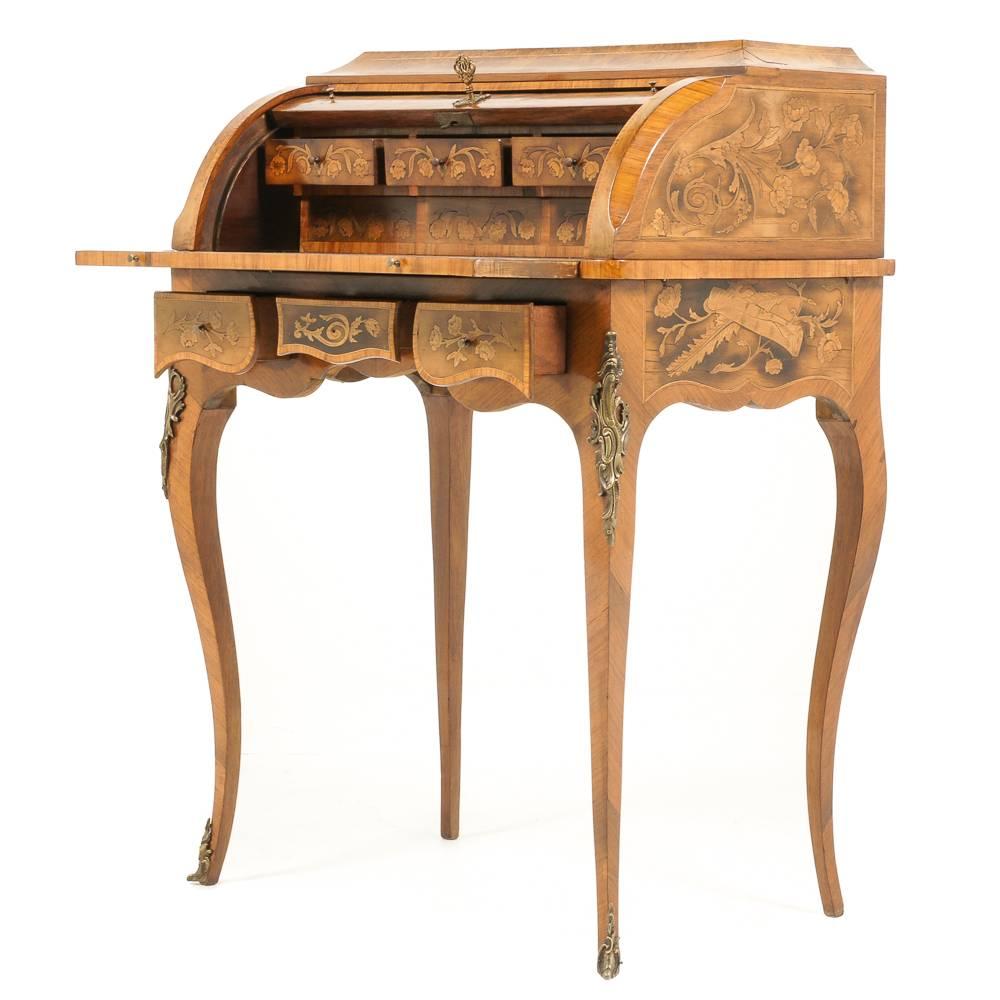 Late 19th Century Highly Inlaid French Cylinder Desk