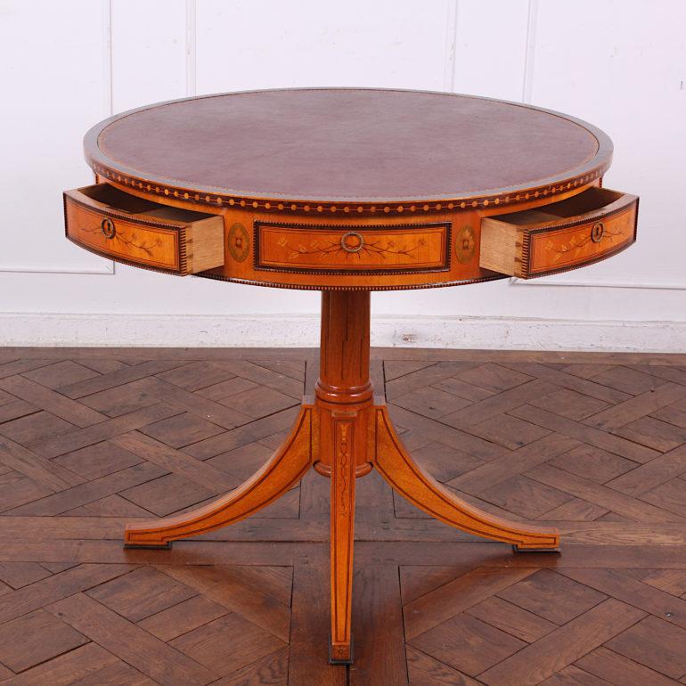 Leather Highly Inlaid Satinwood Drum Table