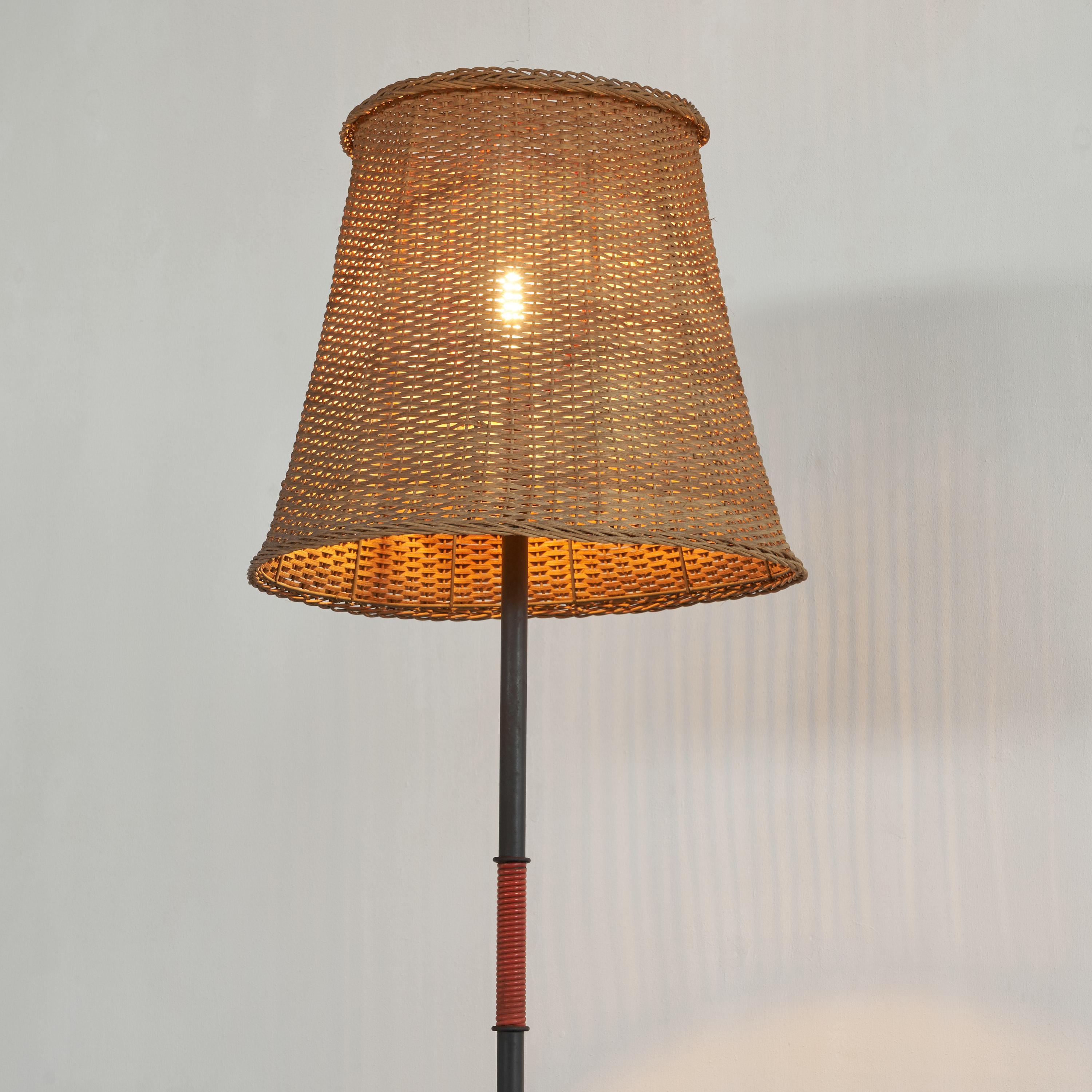 Mid-Century Modern Highly Original French Floor Lamp in Metal and Rattan, 1950s